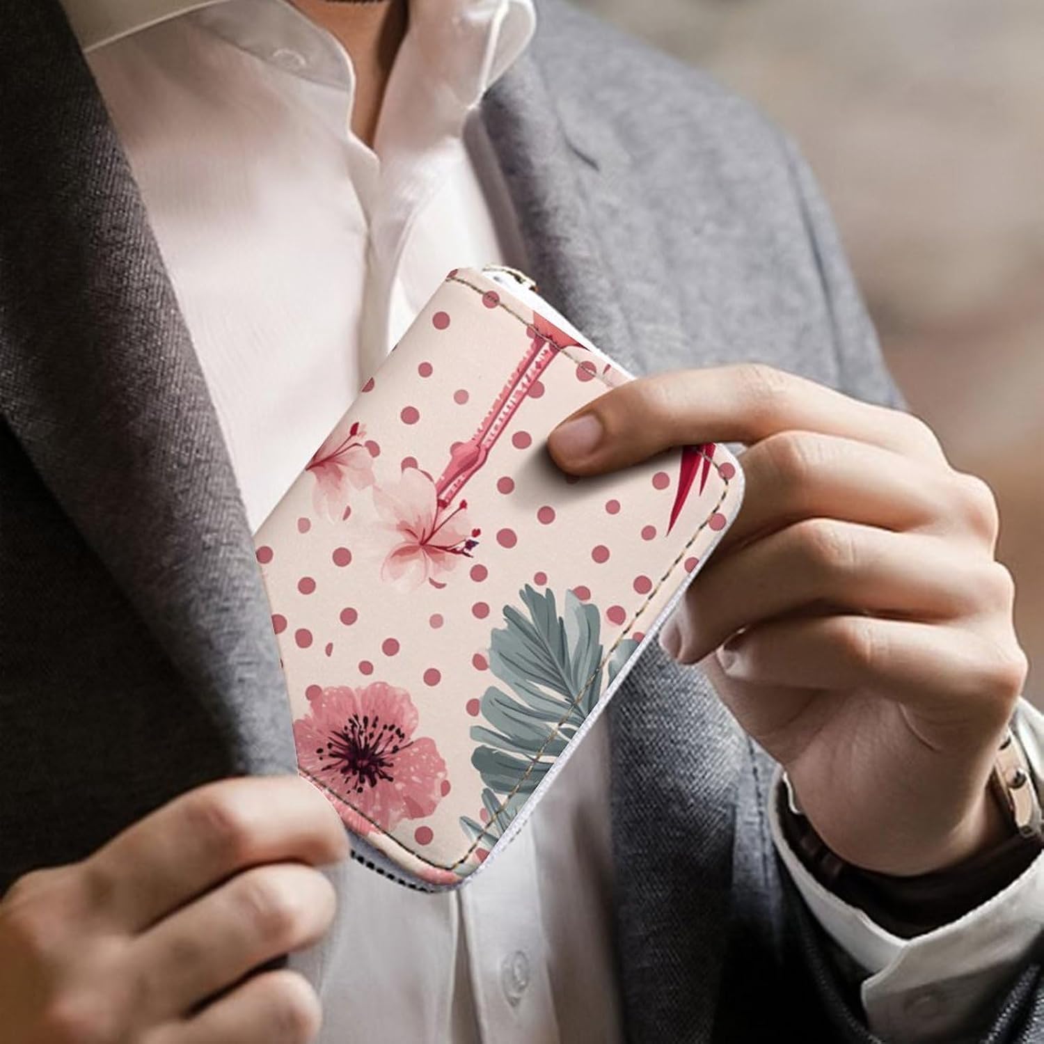 Flamingos Tropical Flowers Polka Dots Small Business Credit Card Holder Wallet with 20 Card Slots Case Coin Purse Pouch
