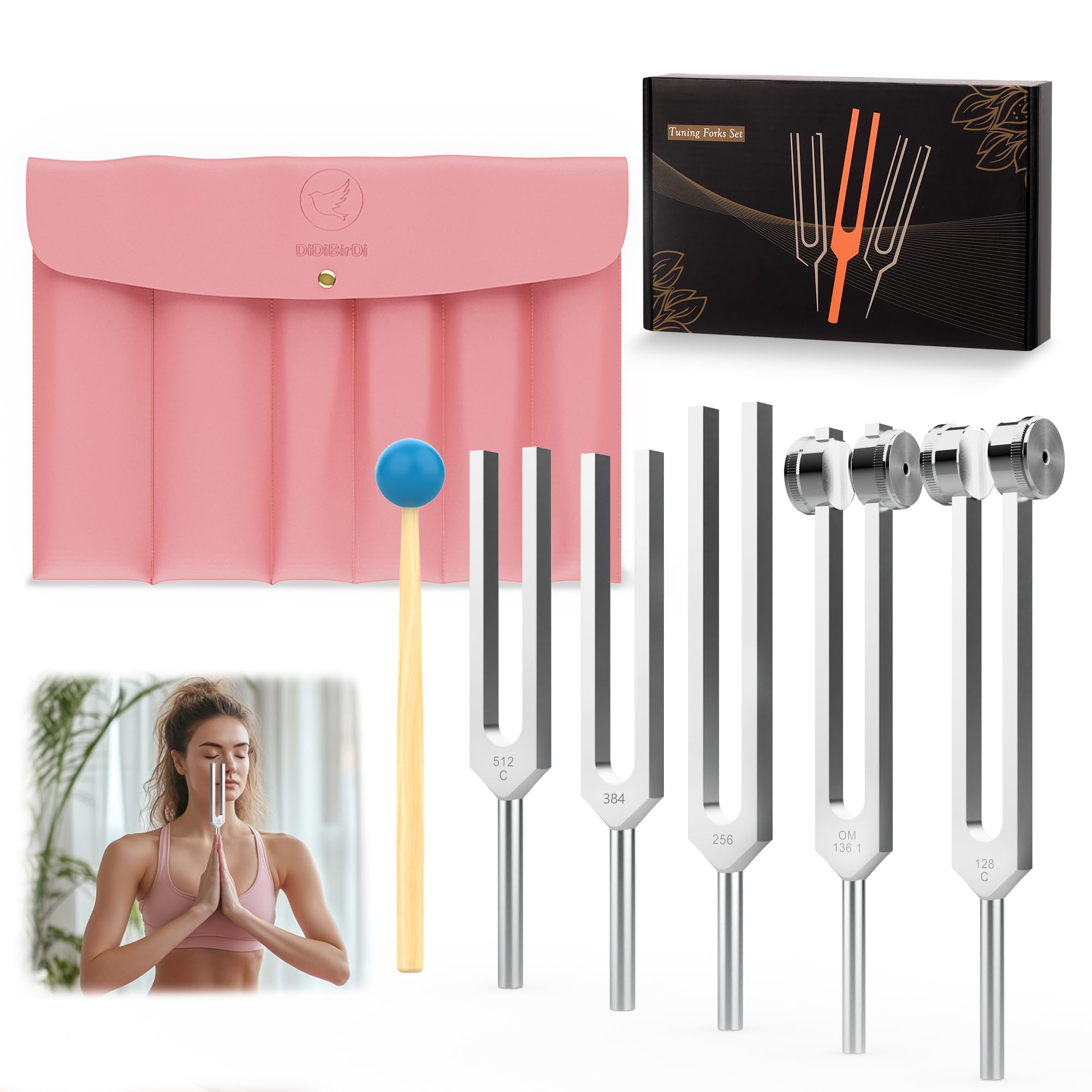 Stimmgabel Set 5 Stimmgabeln (128Hz, 136.1Hz, 256Hz, 384Hz, 512Hz),mit PU-Leder Etui & Gummihammer, für Yoga, Meditation, Entspannung