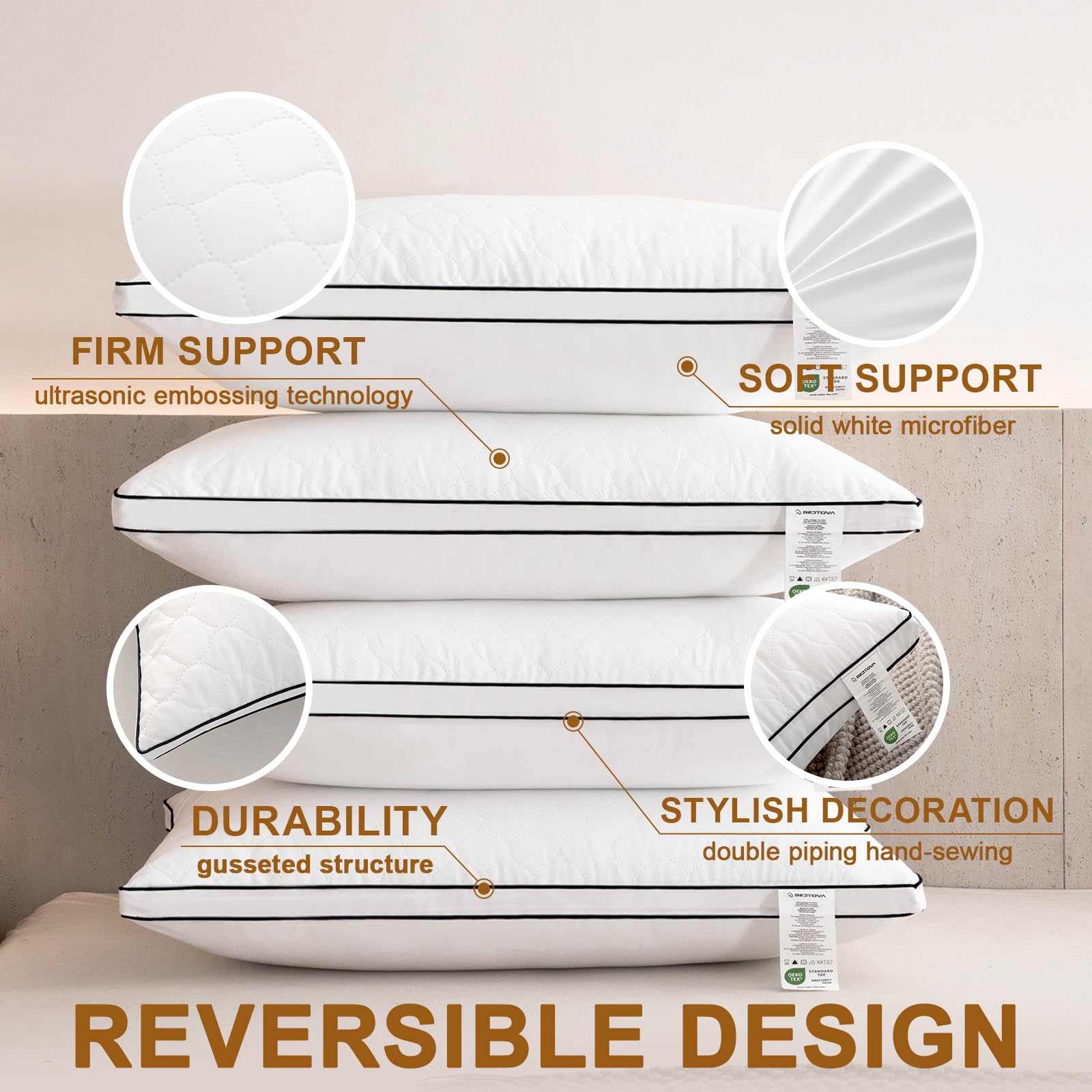 BEDTOVA 4PCS Quilted Reversible Bed Pillow for Sleeping, Luxury Hotel Quality 3D Microfiber Filling with Breathable Cover for Side Back and Stomach Sleepers, Reduces Neck Pain Queen Size 20 * 30