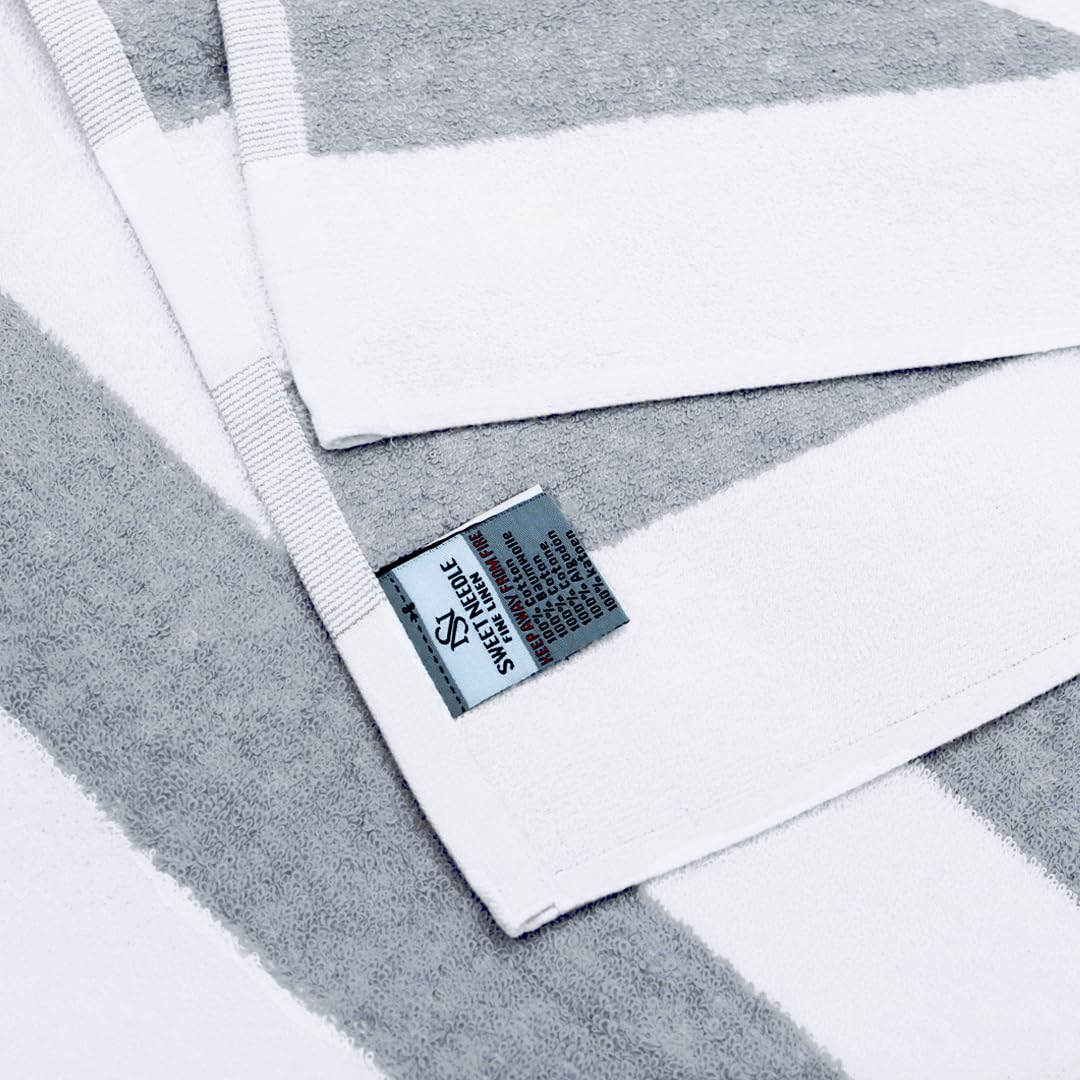 SweetNeedle Ręczniki plażowe dla dorosłych, zestaw 2 szt., srebrno-białe, klasyczne, w paski, 100% bawełna, frotte, ringspun, szybkoschnący, super chłonny, duży ręcznik do pływania, 100 x 150 cm