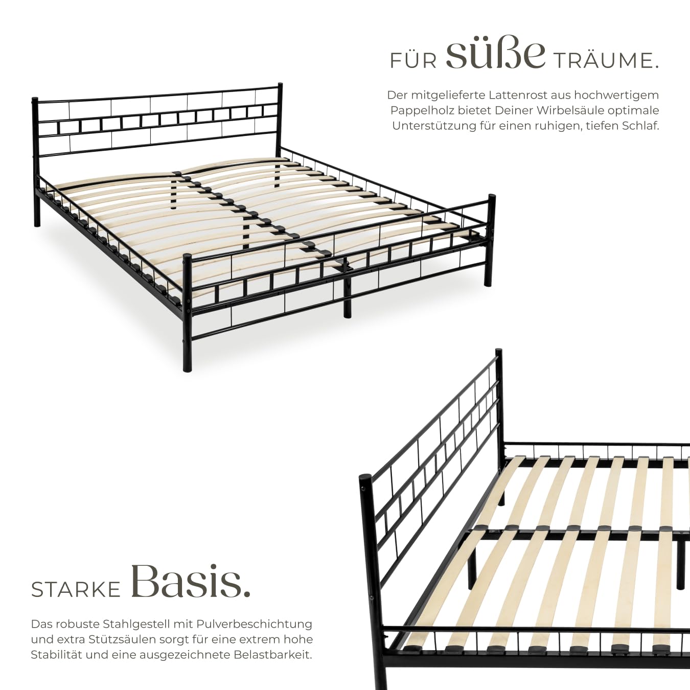 tectake® Metallbett, Bettgestell mit Lattenrost, Einzelbett, Doppelbett aus Metall, Bettrahmen mit Kopfteil Bett für Schlafzimmer, Gästezimmer, Gästebett, Jugendzimmer - 200 x 180 cm, schwarz