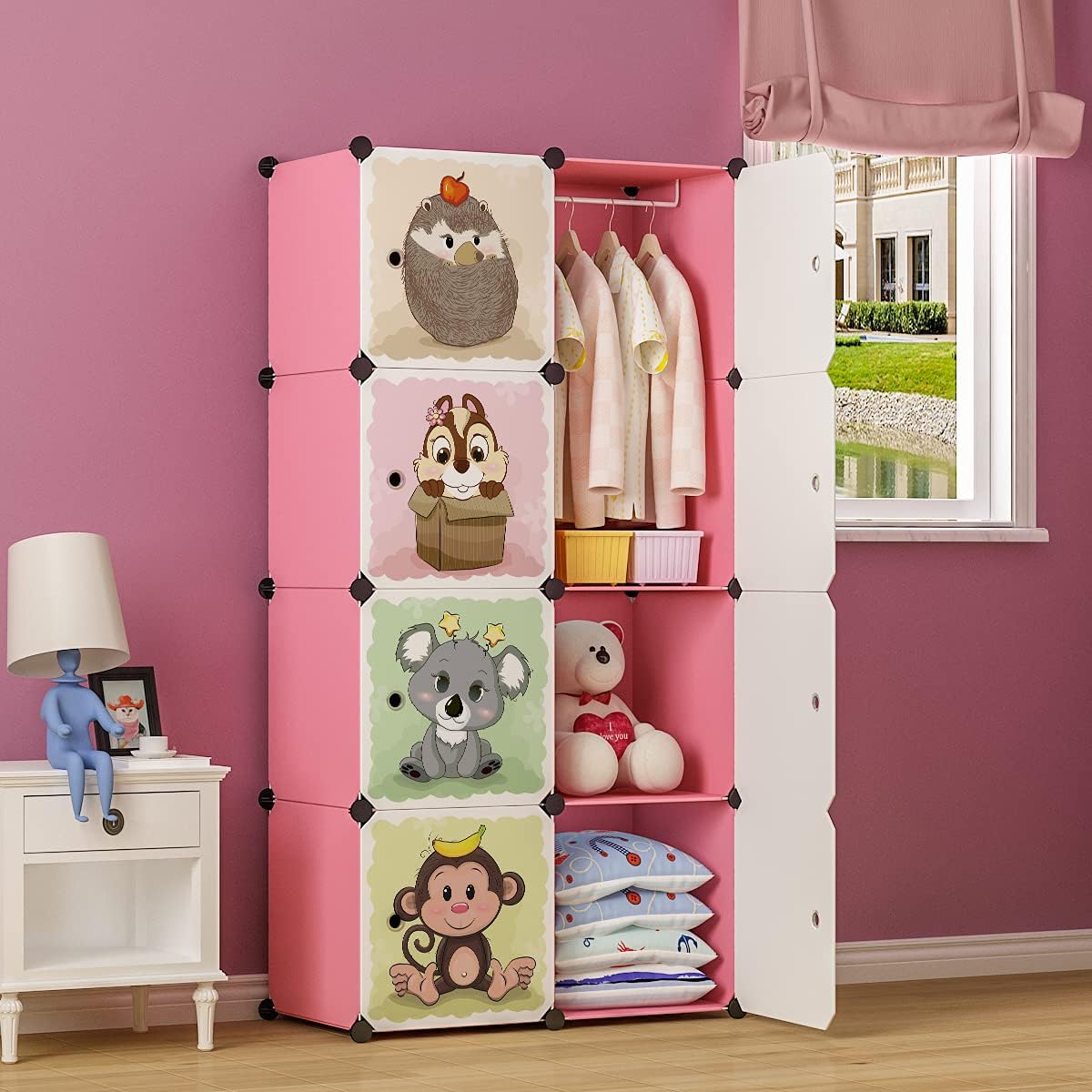 MAGINELS Portable Kid Organizers and Cute Baby Storage Organizer Clothes Wardrobe Cube Closet MultiFuncation Bedroom Armoire Children Dresser Rack Pink Forest Animal 6 Cube &1 Hanging Section