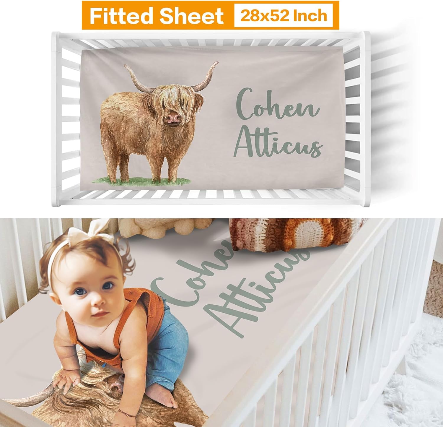 Personalized Crib Bedding Set for Boys, Highland Cow Baby Bedding Sets with Custom Name - Plush Blanket Fitted Sheet Pillowcase for Newborn Nursery Gift
