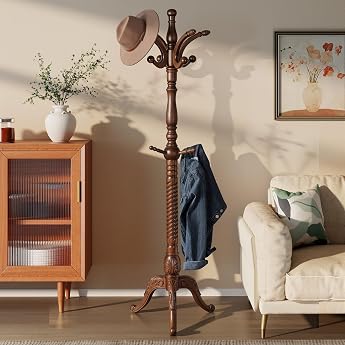 Standing Coat Stand Solid Wood Height 198 cm Up to 75 kg Freestanding Clothes Rack Sturdy with 8 Hooks Standing Coat Rack for Clothes Jackets Hats Hallway Bedroom and Office Ash Wood Brown