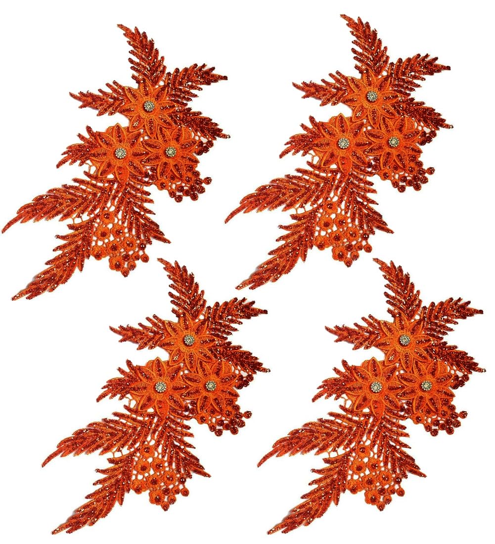 4 Pack Glitter Rhinestone Flower Applique,Large Sequin Beaded Embroidered Patch Fabric Lace Motif for Clothes Wedding Bridal Dress Gown Bag Upholstery Embellishment (Orange)