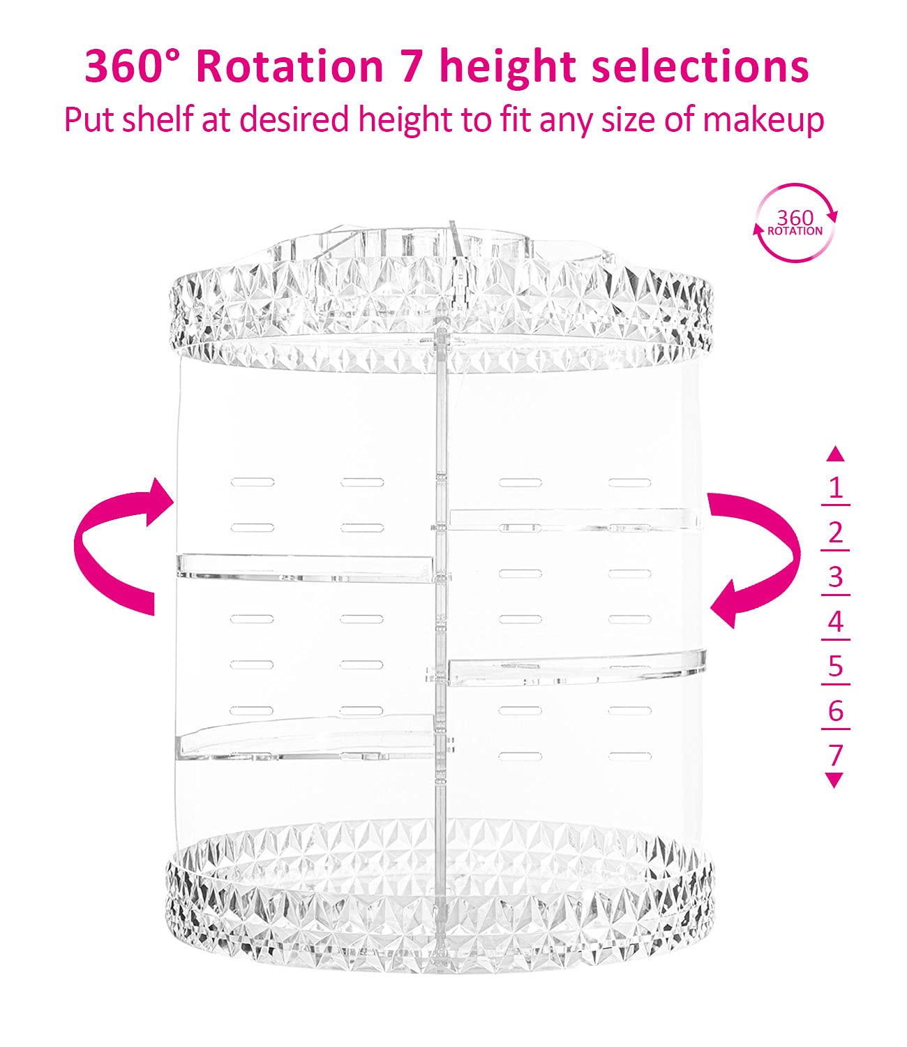 DreamGenius Makeup Organizer, 360 Degree Rotating Cosmetic Storage Organizer, 7-Layer Adjustable Makeup Display Case, Fits Jewelry Makeup Brushes and Lipsticks, Clear Acrylic