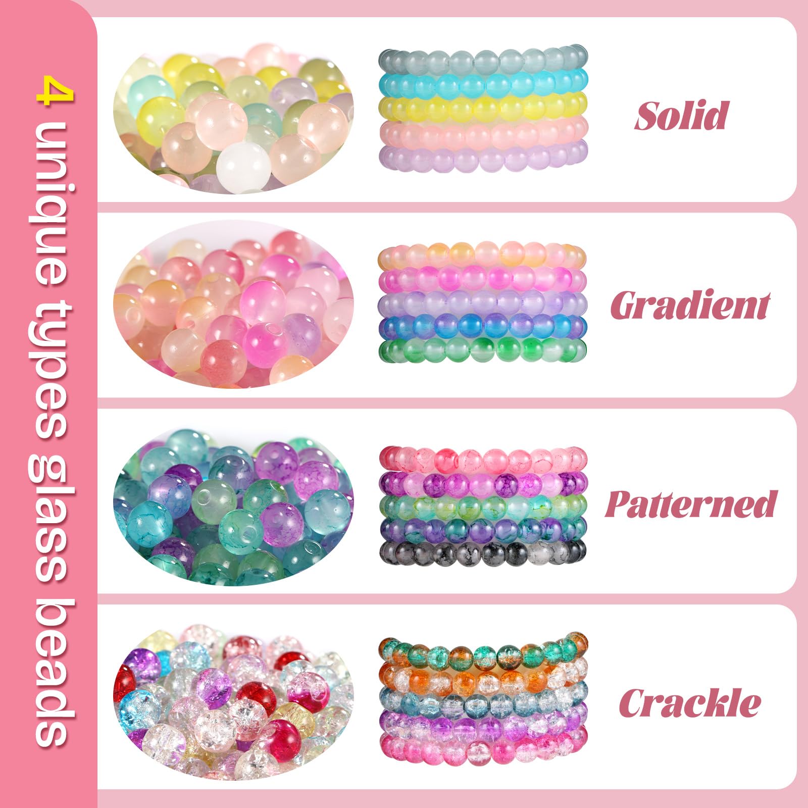 Perline di vetro da 8 mm per la creazione di gioielli, 4 tipi di 96 colori, kit per la creazione di braccialetti e perline di vetro, 2276 pezzi, perline di cristallo rotonde per bracciali, collane