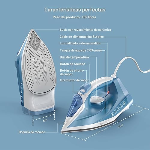 Miniatura 8 de Plancha de vapor para ropa, calentamiento rápido, plancha de 1200 W con suela de cerámica antiadherente, autolimpieza, ráfaga de vapor, rocío en