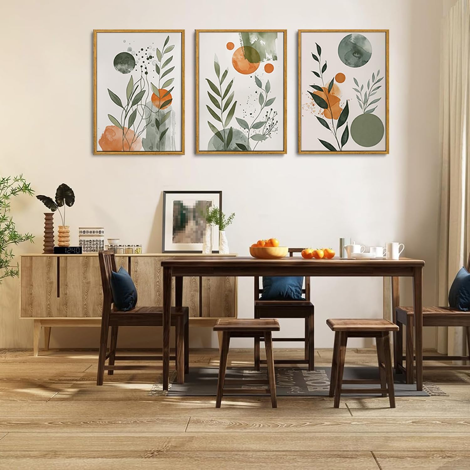 lianyibo 3-częściowy obraz ścienny w stylu boho z abstrakcyjnymi motywami botanicznymi na płótnie, nowoczesna skandynawska dekoracja ścienna, pomarańczowo-szałwiowe nadruki do salonu (70 x 100 cm x 3