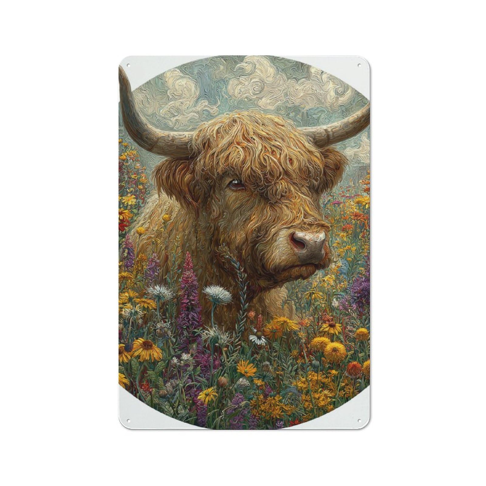 Junmoney Highland Cow In Bloom Tin Sign 30X20cm With For Workshop Wall, Vintage Decor, For Metal Sign Collectors, For Garage And Workshop Walls