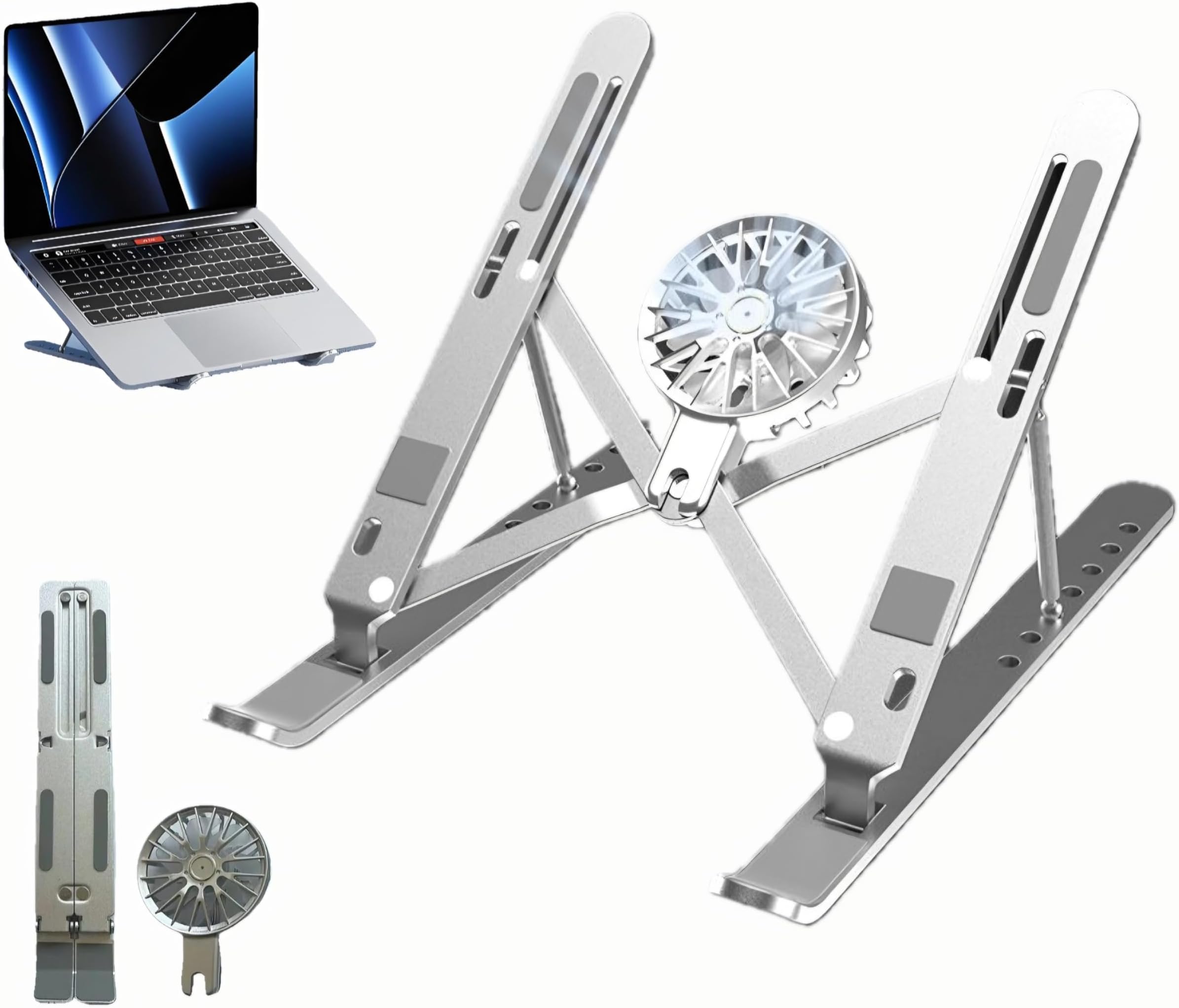 Adjustable Laptop Stand with Cooling Fan, Multi-Angle & Portable Aluminum Foldable Riser for Notebook, Tablet, Phone, and Book - Ergonomic Desk Holder
