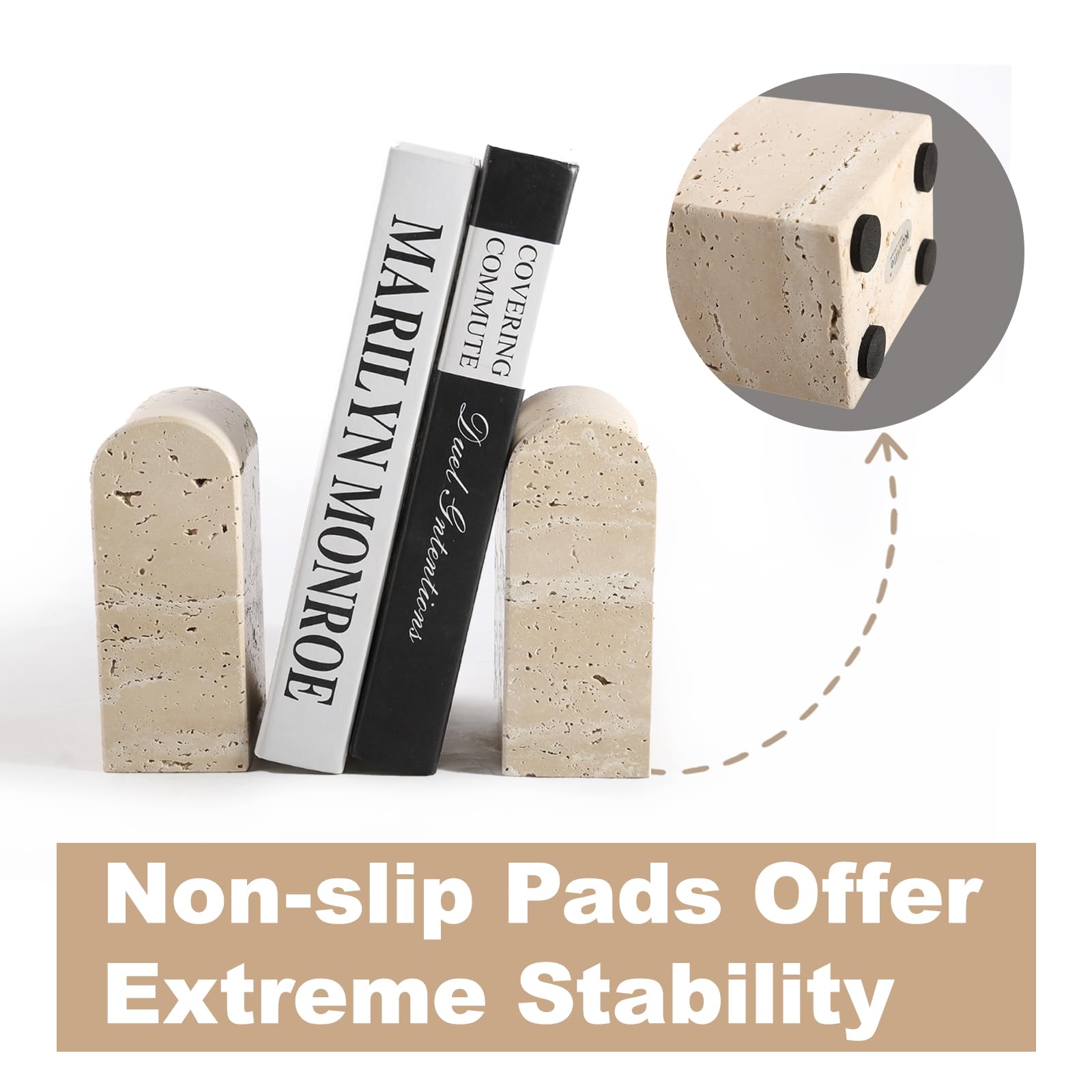 Koville Fermalibri in travertino italiano per scaffali, fermalibri decorativi, 3,2 kg, in marmo, per libreria, appartamento, decorazione per libri normali, CD/videogiochi (Travertino Romano)