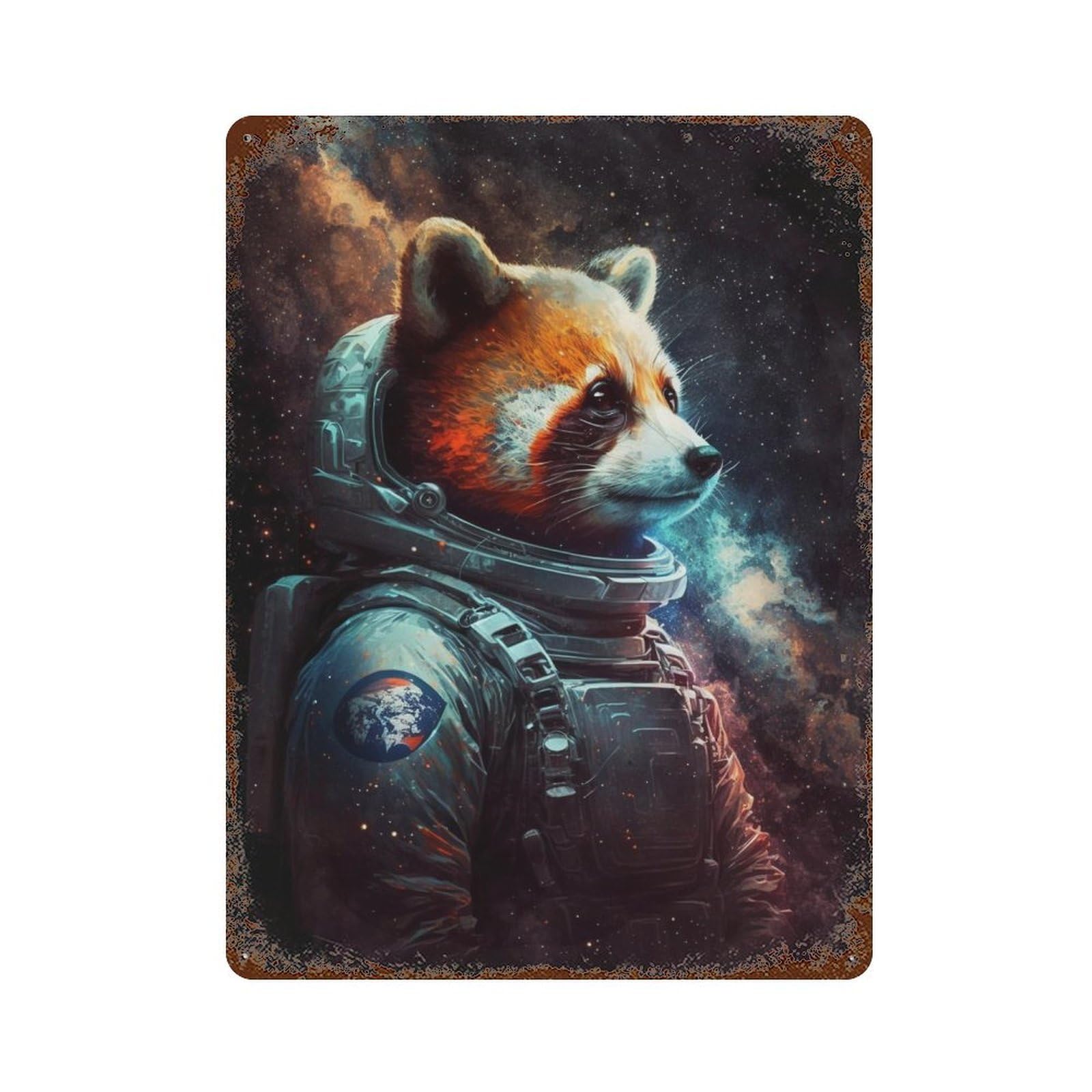 Rust Effect Space Red Panda Explorer -1 Rustic Tin Plaque 15.7"x11.8", Old School Wall Decor for Shed, Workshop And Garage Wall Decor