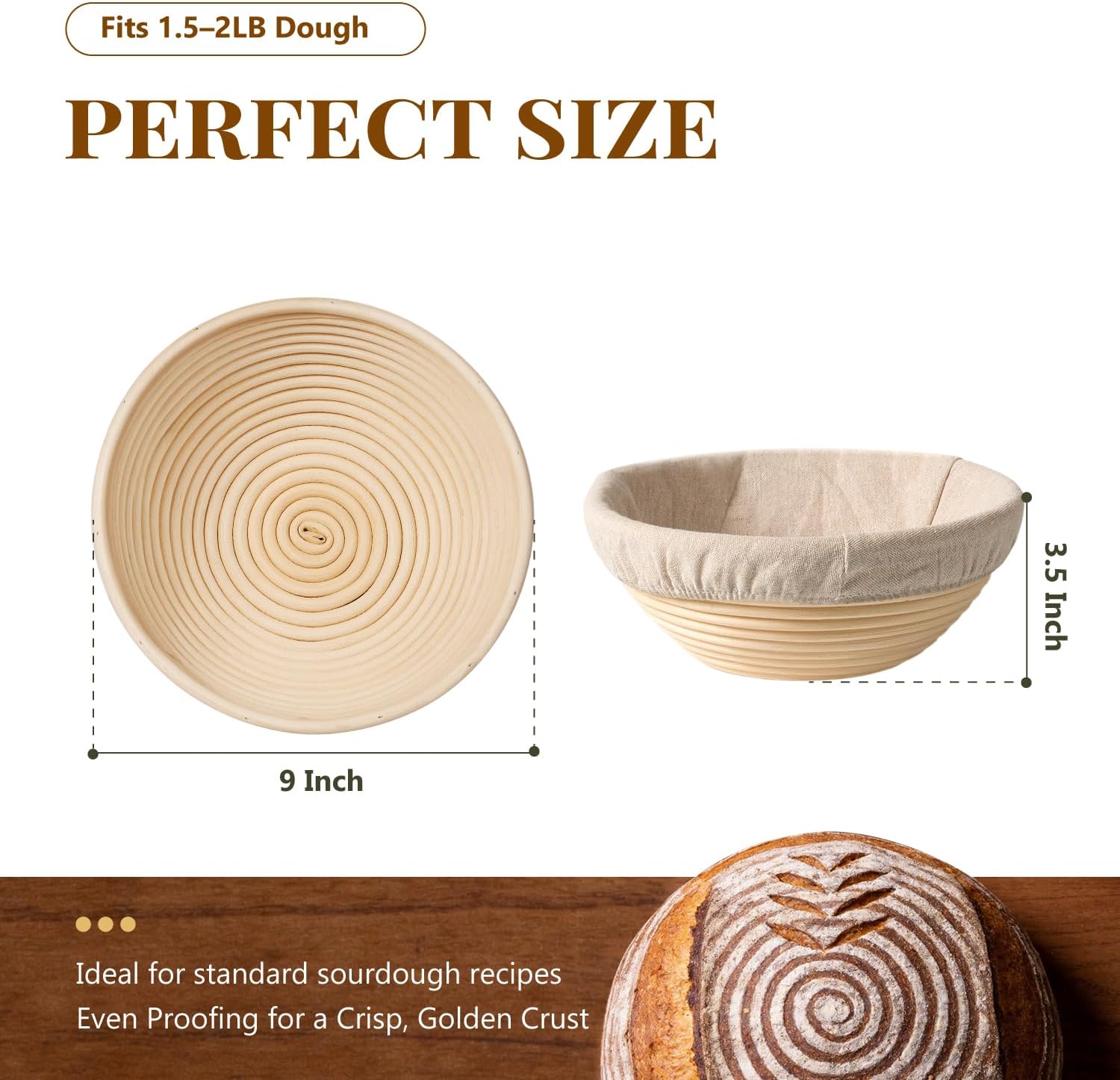 2 Pack Banneton Bread Proofing Baskets for Sourdough, 9 Inch Round Natural Rattan Proofing Basket for Dough Rising, Bread Proofing Bowl Sourdough Bread Baking Supplies for Home Bakers