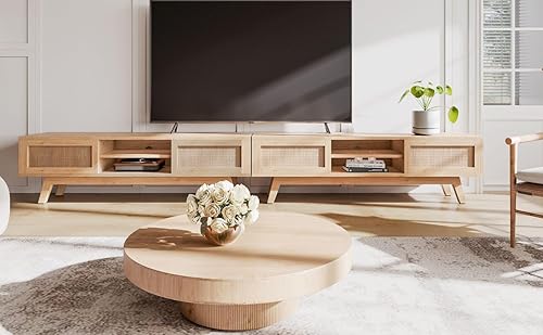 Miniatura 9 de Xilingol Soporte de TV con puertas corredizas de ratán soportes de televisión de perfil bajo para televisores de hasta 65 pulgadas consola