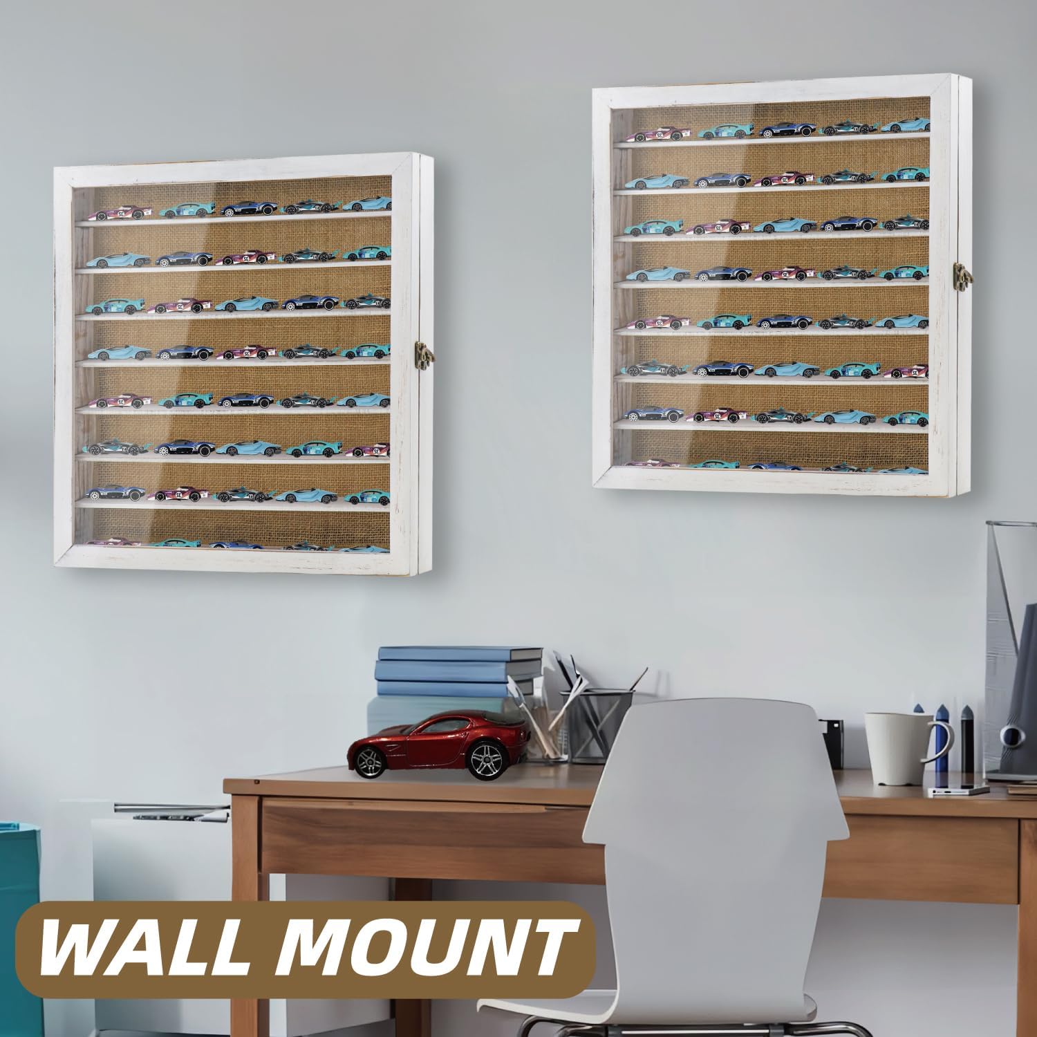 Large Display Case for 1/64 Scale Model Cars, Wall-Mounted or Freestanding Wood Display Cabinet for Hot Wheels, Rocks, Challenge Coins, Mini Toys, Minifigures, UV Protection Shadow Box, Vintage White