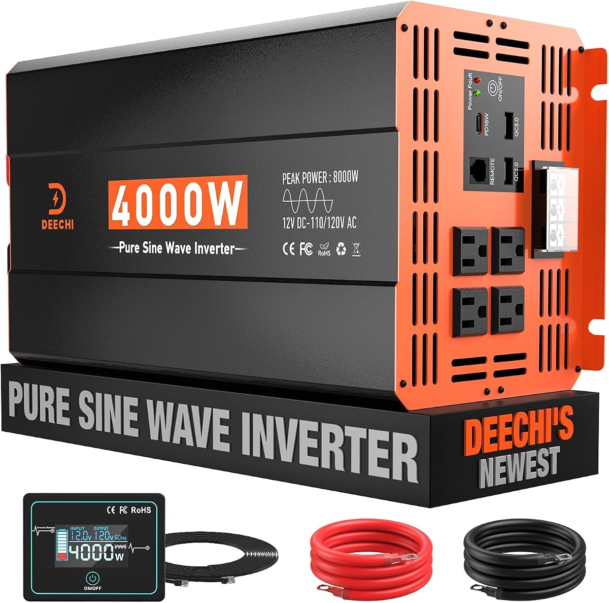 Pure Sine Wave Inverter 12V DC to 110V/120V AC Car Converter for RV/Truck/Home/Solar Power Inverter for Vehicles (4000W 009 PSW-1)
