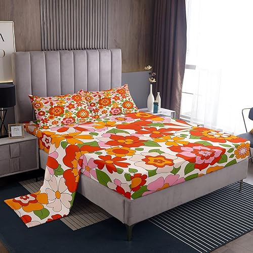 Groovy - Sábanas de flores con bolsillo profundo, sábana bajera ajustable de 60S, 70S, 80S, diseño de flores hippie bohemio, juego de sábanas retro