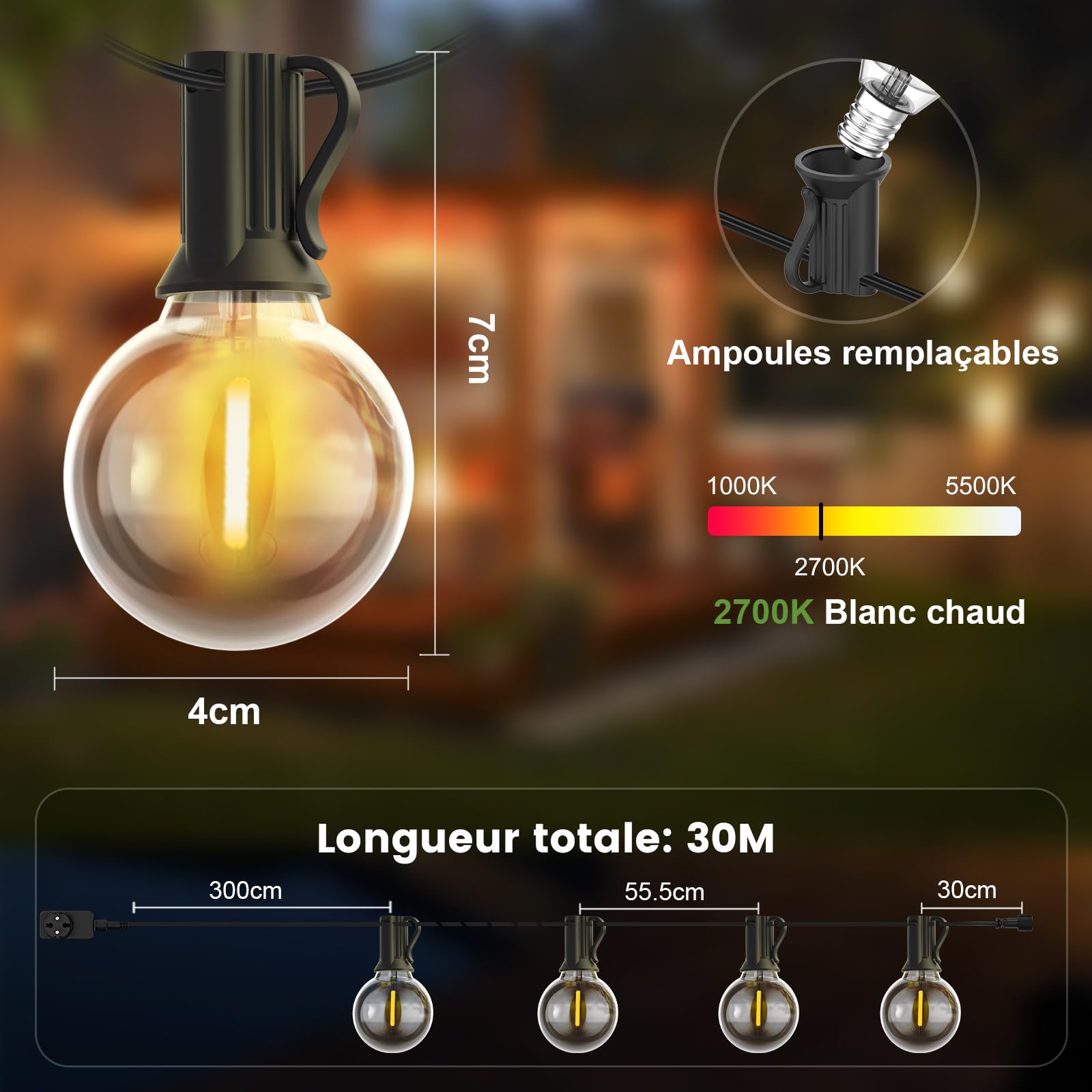 Yuusei Guirlande Guinguette Exterieur Télécommande, 30M Guirlande Lumineuse | 50+2 G40 LED Ampoules Guirlande Guinguette Raccordable Étanche pour Jardin Patio Café Parti Terrasse, Blanc Chaud