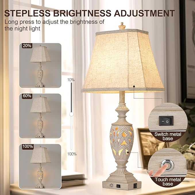 AIDENOEY 29.5"H Touch Control Traditional Table Lamp Set of 2,Vintage Bedside Lamp Nightstand Lamps with Dual USB Ports,3-Way Dimmable Hollow Out Leafwork White Washed Finish Desk Lamps for Living Room,Bedroom photo 6