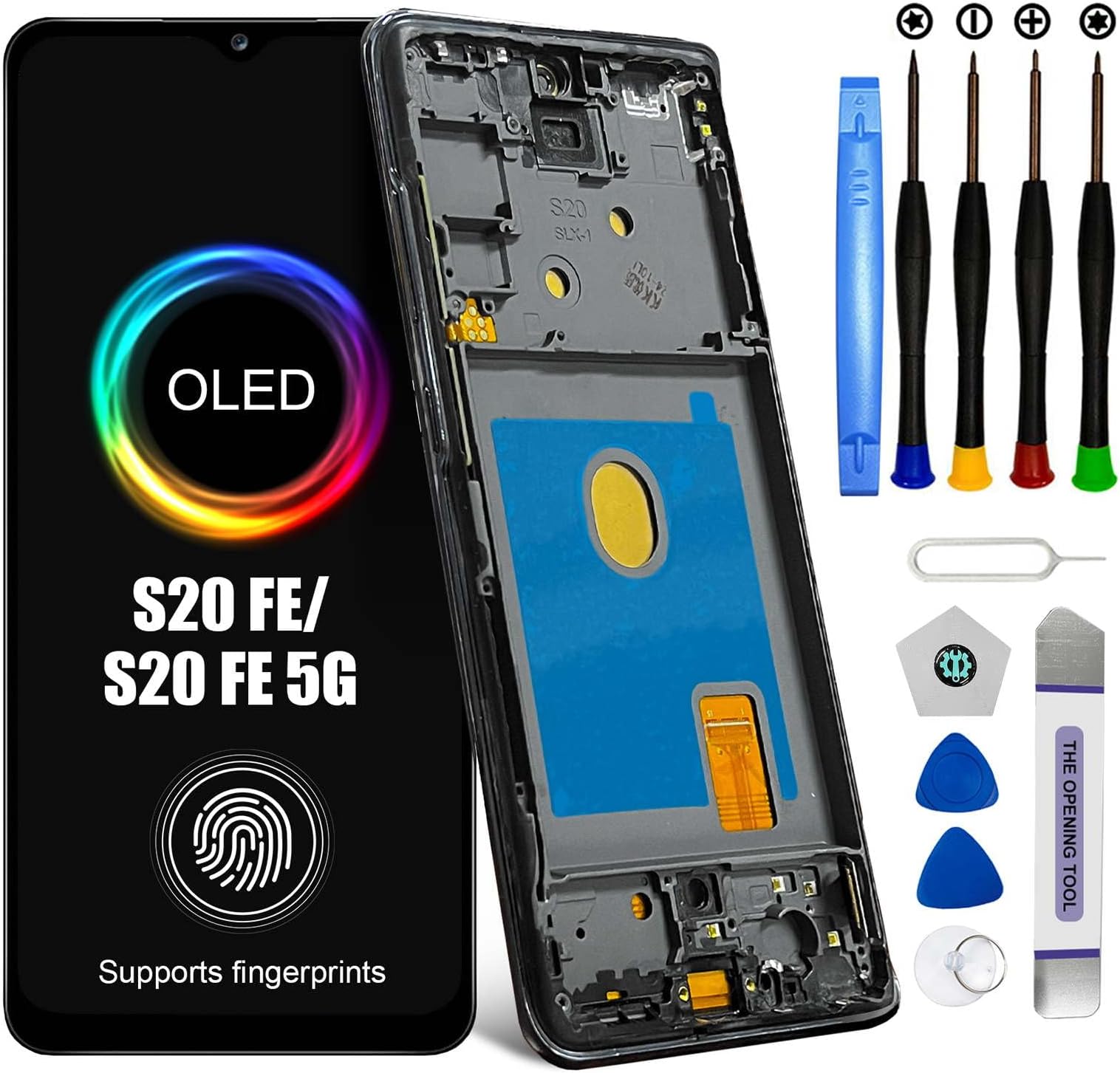 for Samsung Galaxy S20 FE/S20 FE 5G Screen Replacement Kit Black with Frame- AMOLED LCD Display Touch Screen Digitizer - SM-G781U1/DS G781A G781W G781V - 6.5 inch (Support Fingerprint Function)