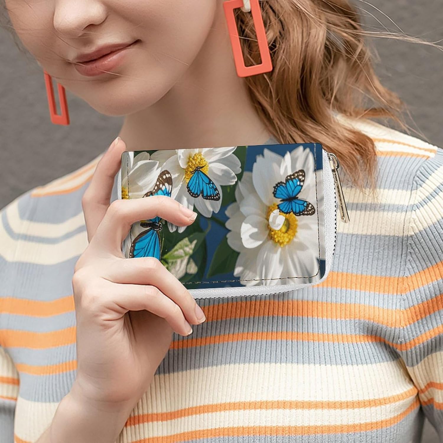 Leather Card Organizer Case Card Wallet Credit Card Holder White Blooms Blue Butterflies Printed Zipper Card Cases Holder for Women Men