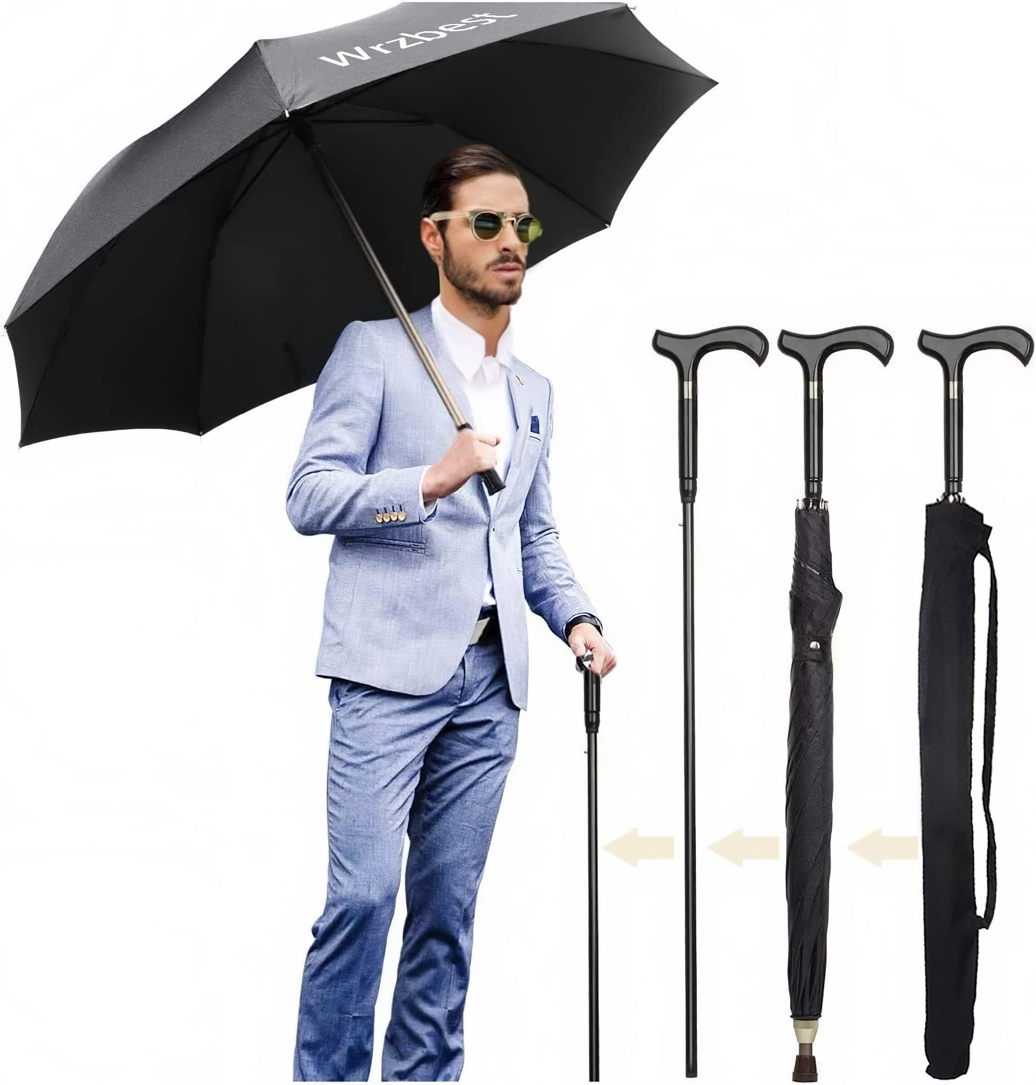 2-in-1 Walking Sticks Umbrella - Windbreak Ribs Walking Cane Crutch Self Protection Umbrella Heavy Duty Solid Tungsten Steel - Ideal Father's Gift for Climbing, Hiking, Hanging Out on Raining