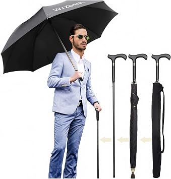 2-in-1 Walking Sticks Umbrella - Windbreak Ribs Walking Cane Umbrella Lightweight, Heavy-Duty Frame- Ideal Fathers Gift for Climbing, Hiking, Hanging Out on Raining