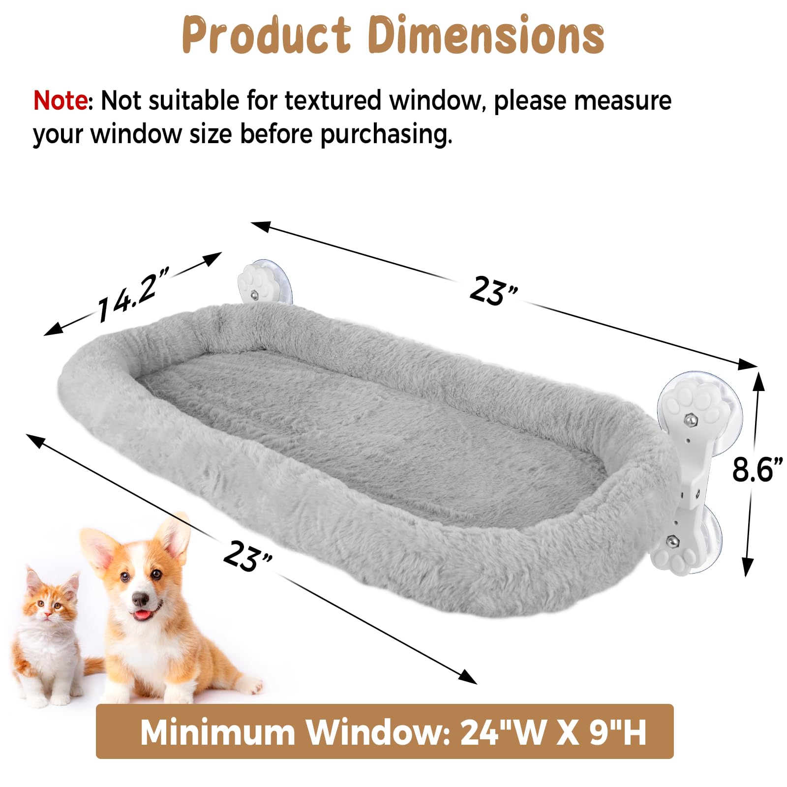 Hamac Chat Fenetre, Hamac pour Chat 60 x 30 cm, Ventouses Puissantes, Peu Encombrante, Charge Maximale 18 kg (Gris)