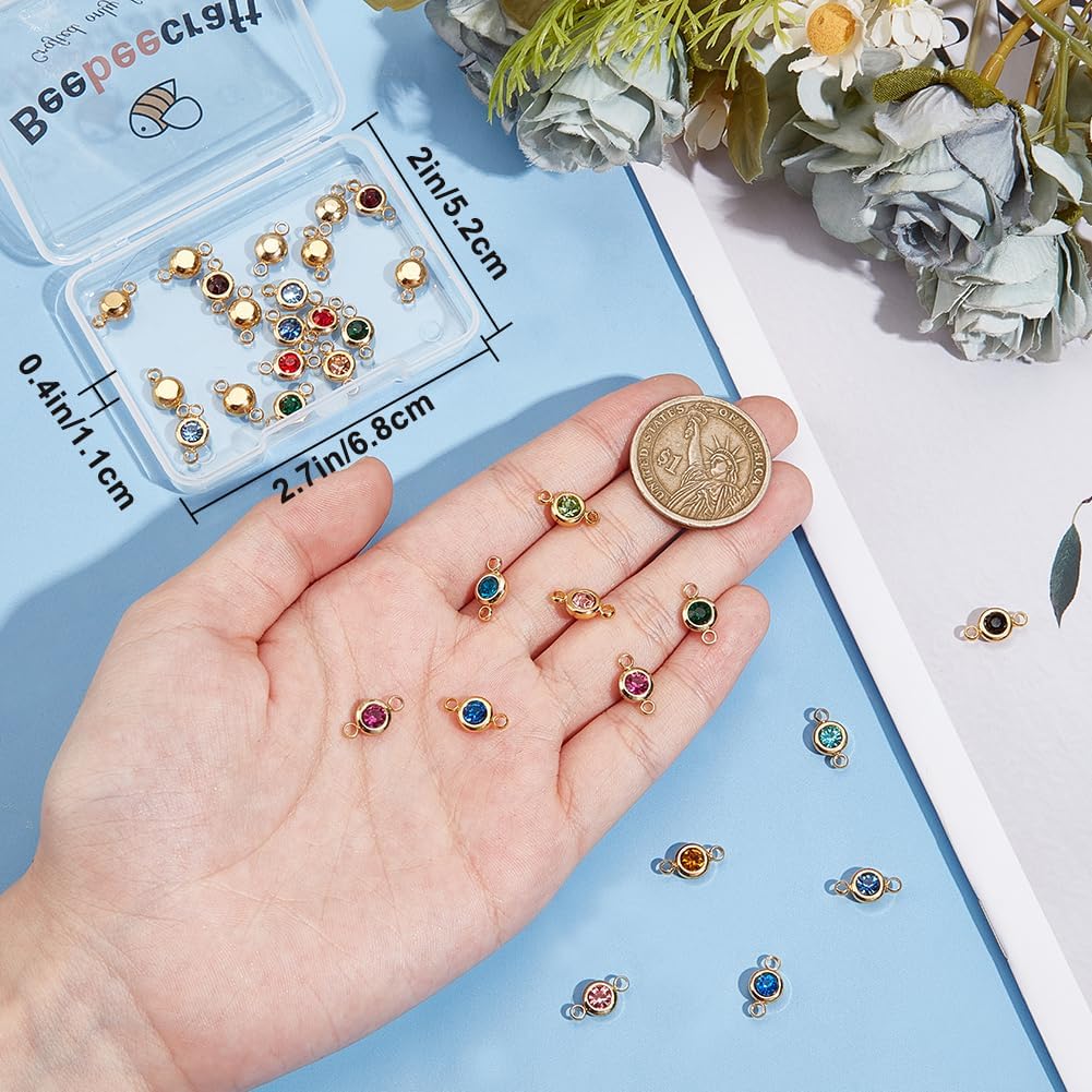 Beebeecraft 36Pcs 18 Colors Rhinestone Link Charms 304 Stainless Steel Flat Round Crystal Connector Charm Birthstone Double Loop for Jewelry Making Bracelet Necklace