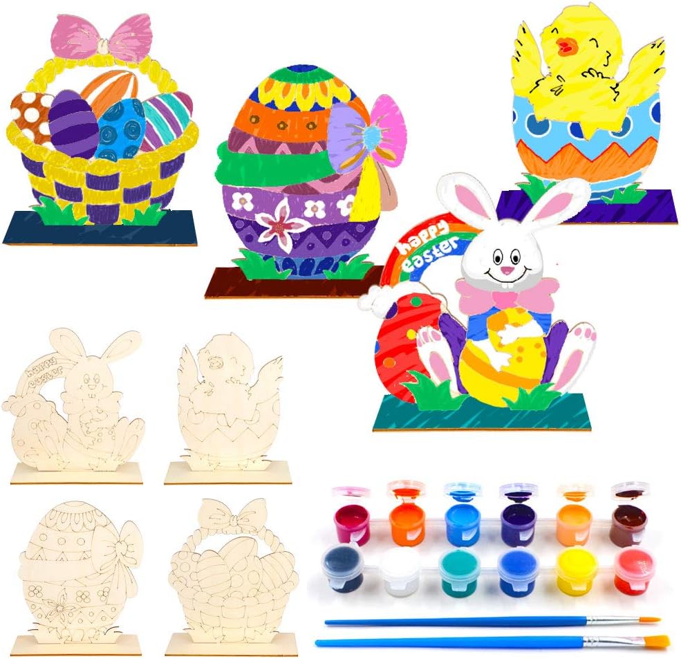 VKTEN 4Pack Easter Crafts Paint Unfinished Natural Wood Arts & Crafts for Kids Easter Ornaments Easter Table Decor for Boys Girls Easter Party Favors