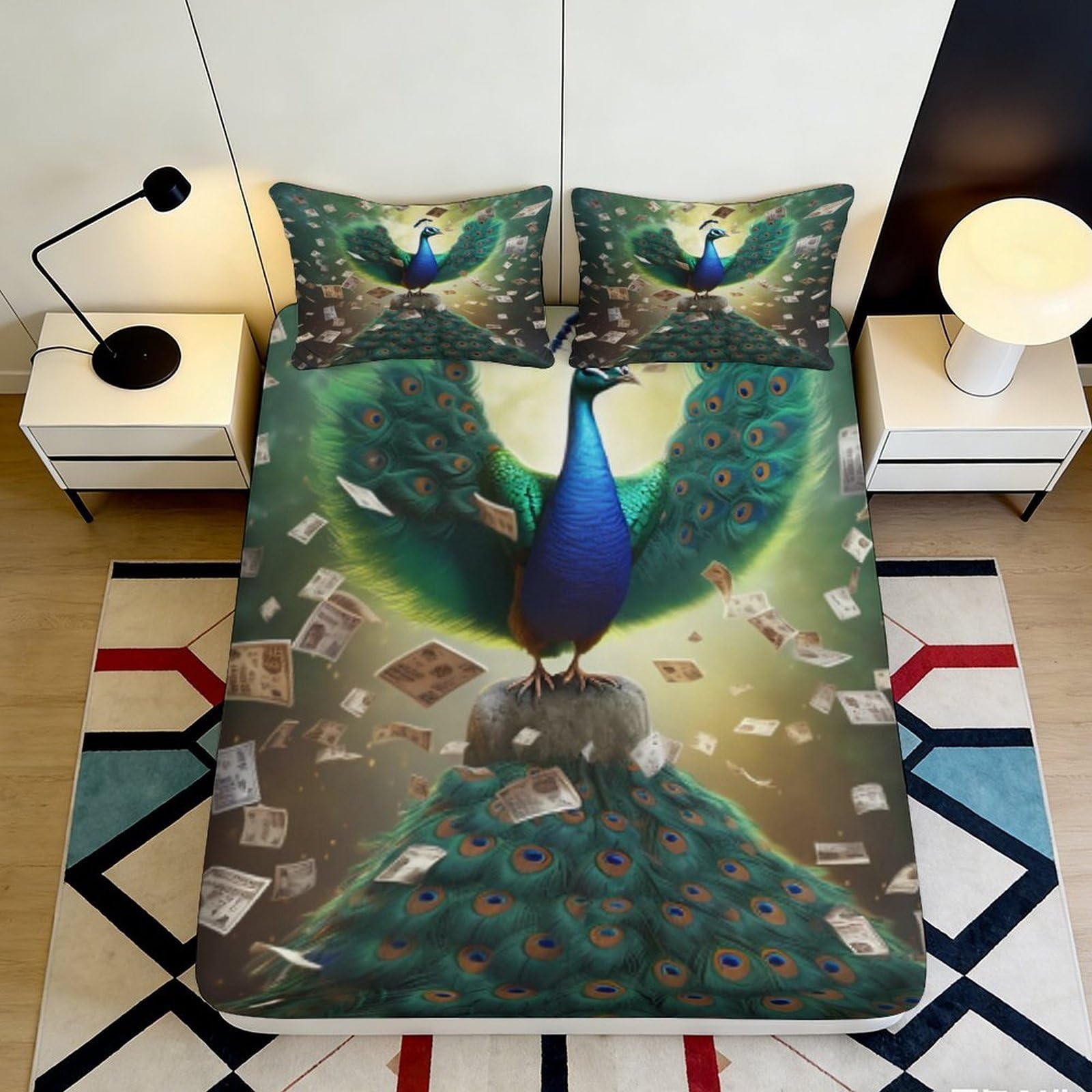 3D Printed Peacock Art Fitted Sheet Microfiber Soft Decorative Bird Theme Mattress Cover for Bedroom Dorm Protection 90x200x25cm