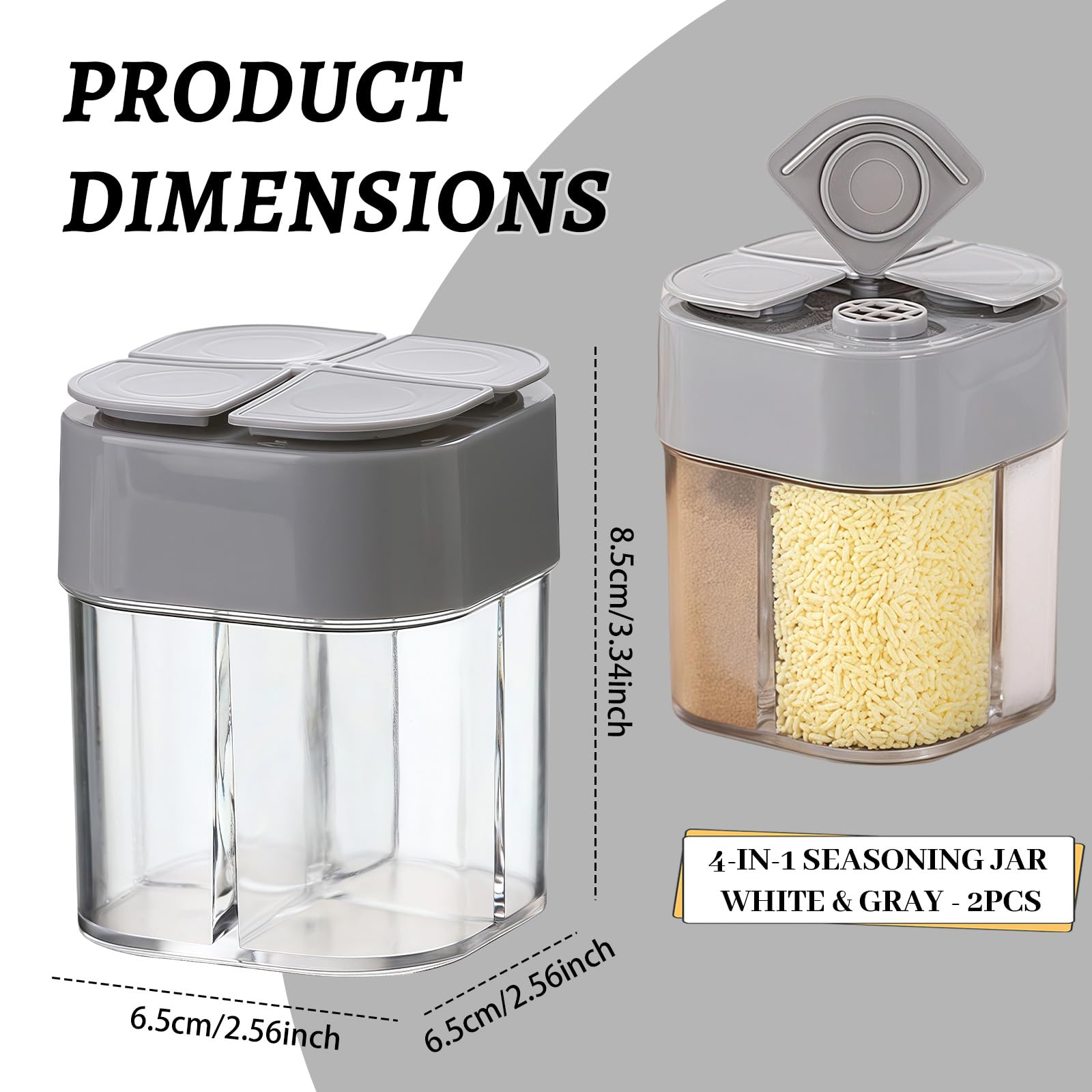 2 Stück Gewürz Dispenser, 4 in 1 Gewürzstreuer Camping, Reisegewürzdose aus Kunststoff, Gewürzdosen mit Fächern, Tragbare Cruet Flasche für Picknick, Lunchboxen, Küche (Grau)