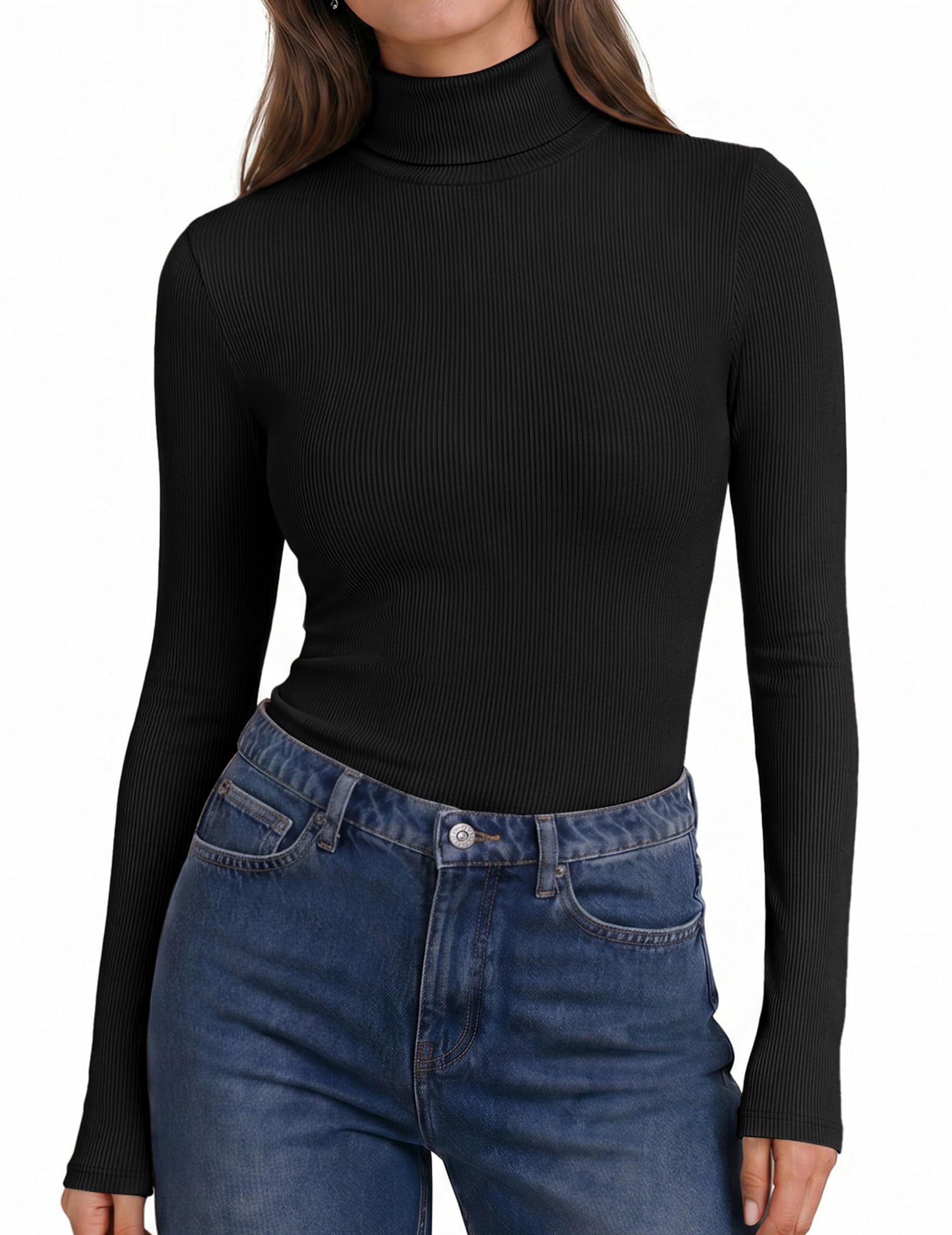 Ekouaer Womens Turtleneck Long Sleeve Shirts Ribbed Casual Basic Tops Fitted Underwear Thermal Undershirts Winter Clothes