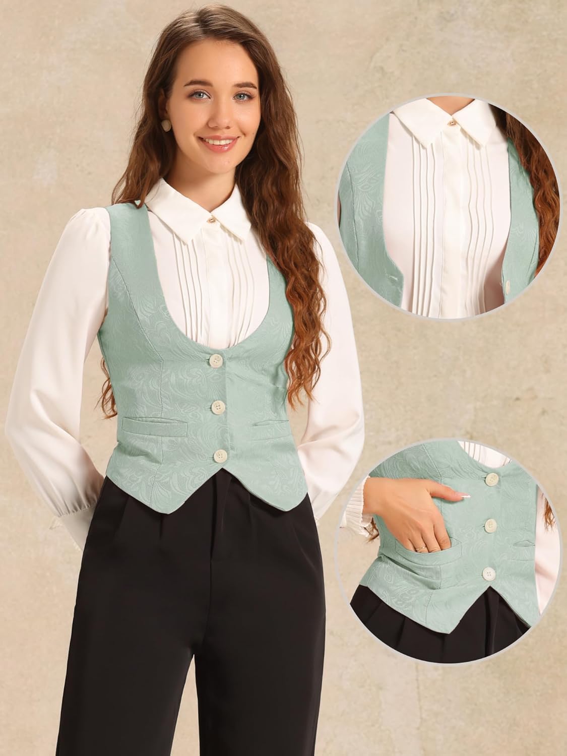Allegra K Vintage Vest for Women's Button Up Jacquard Steampunk Suit Waistcoat with Pockets - Image 2