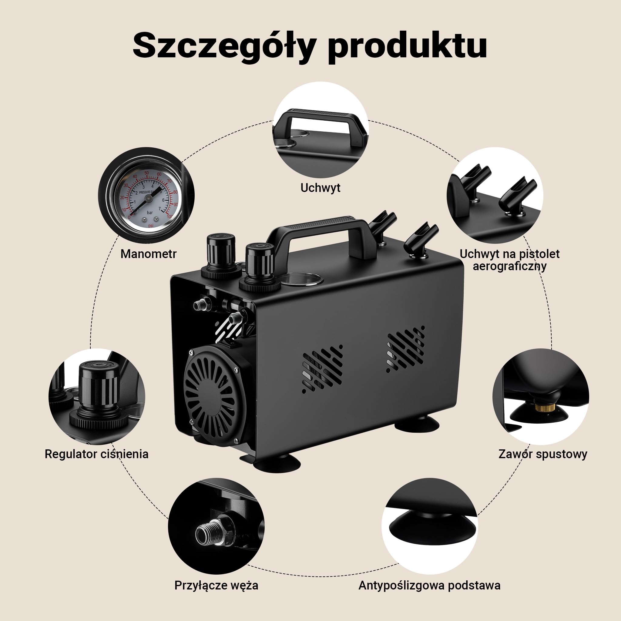 Wiltec Kompresor aerograficzny AS18TA 1/6 KM, sprężarki powietrzne z przepływem powietrza 20-23 l/min, kompresor do pistoletu aerograficznego z 2 wtyczkami, z manometrem do aerografu