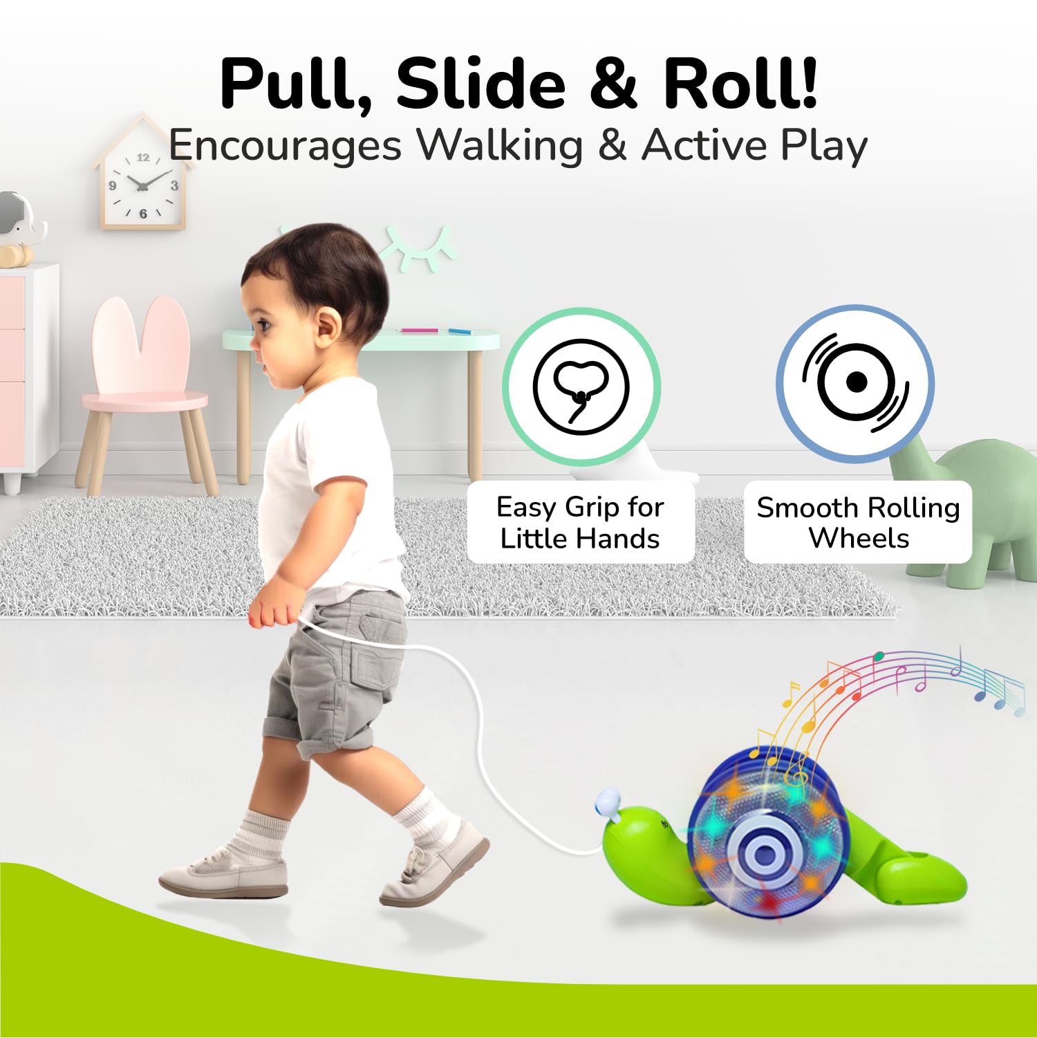 R for Rabbit Orapple Snail Tune Musical Pull-Along Toy for Baby |Lights, Music & Smooth Wheels | Safe Design Injury-Free Edges | Enhances Sensory, Auditory & Motor Skills 12+ Months Kids (Green Blue)