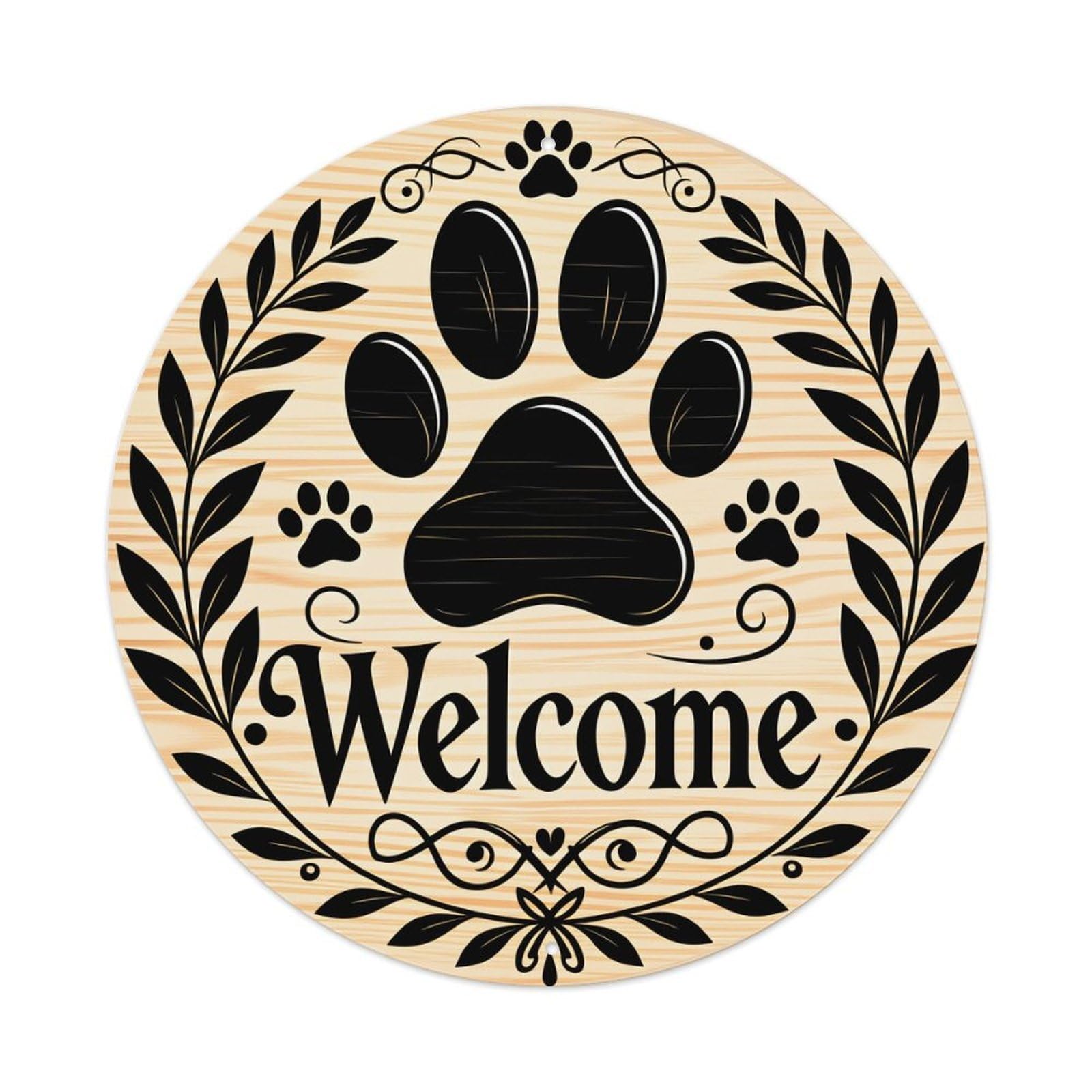 Paw Print Welcome Sign With Leaves And Swirls Round Vintage Tin Sign,Retro Wall Art,Metal Poster for Home, Bar, Garage, Cafe, Rustic Indoor & Outdoor Decor, 8x8 Inches