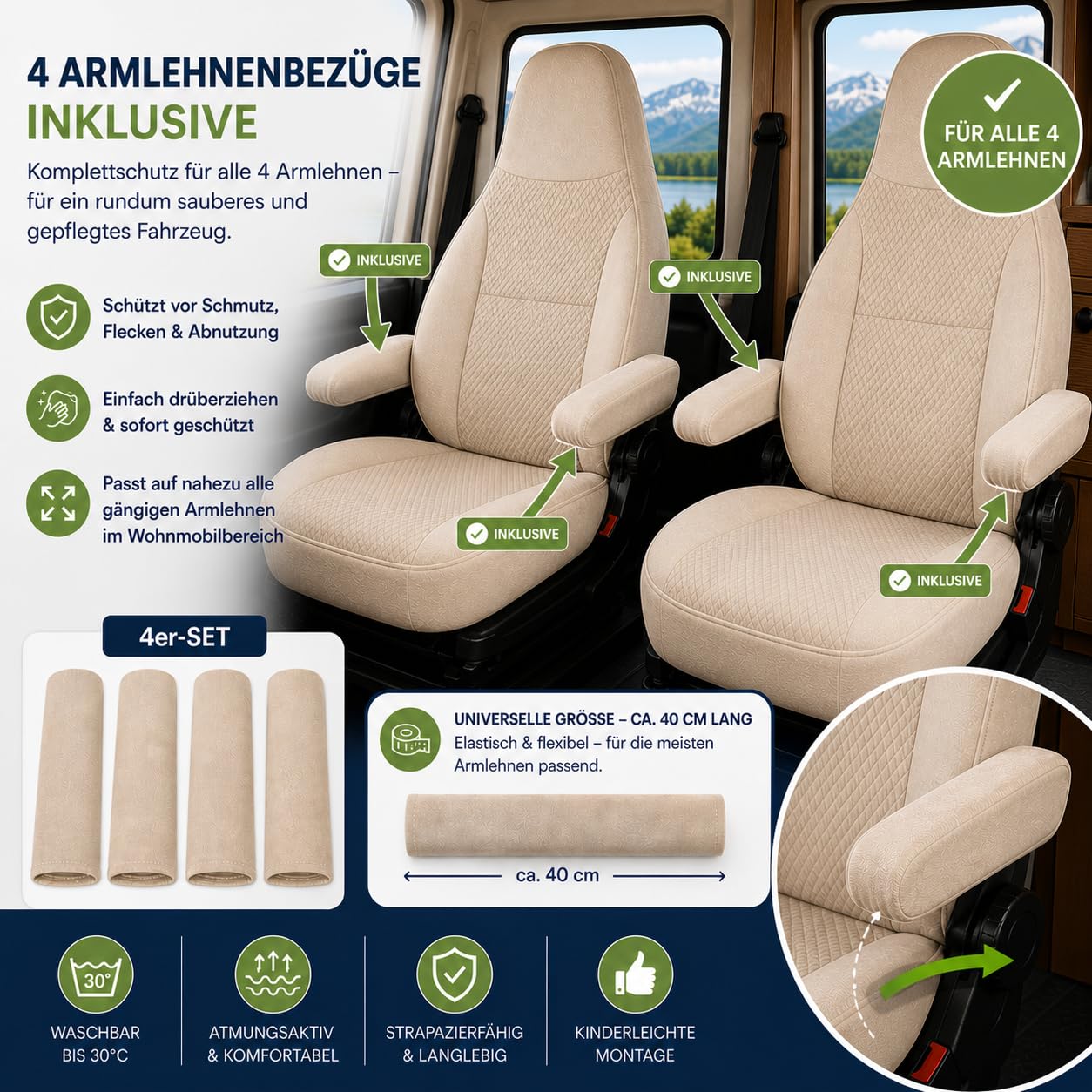 Generisch Housses de siège pour autocaravana, pilote, siège conducteur et passager, 2 places, tissus de haute qualité, lavables, lot de 1+1 (beige)