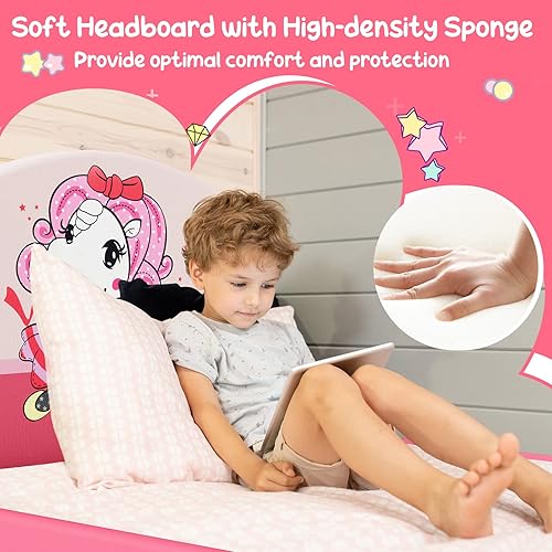 Miniatura 78 de HONEY JOY Marco de cama individual para niños, plataforma de cama individual de madera con cabecera y base de listones, no necesita somier, muebles