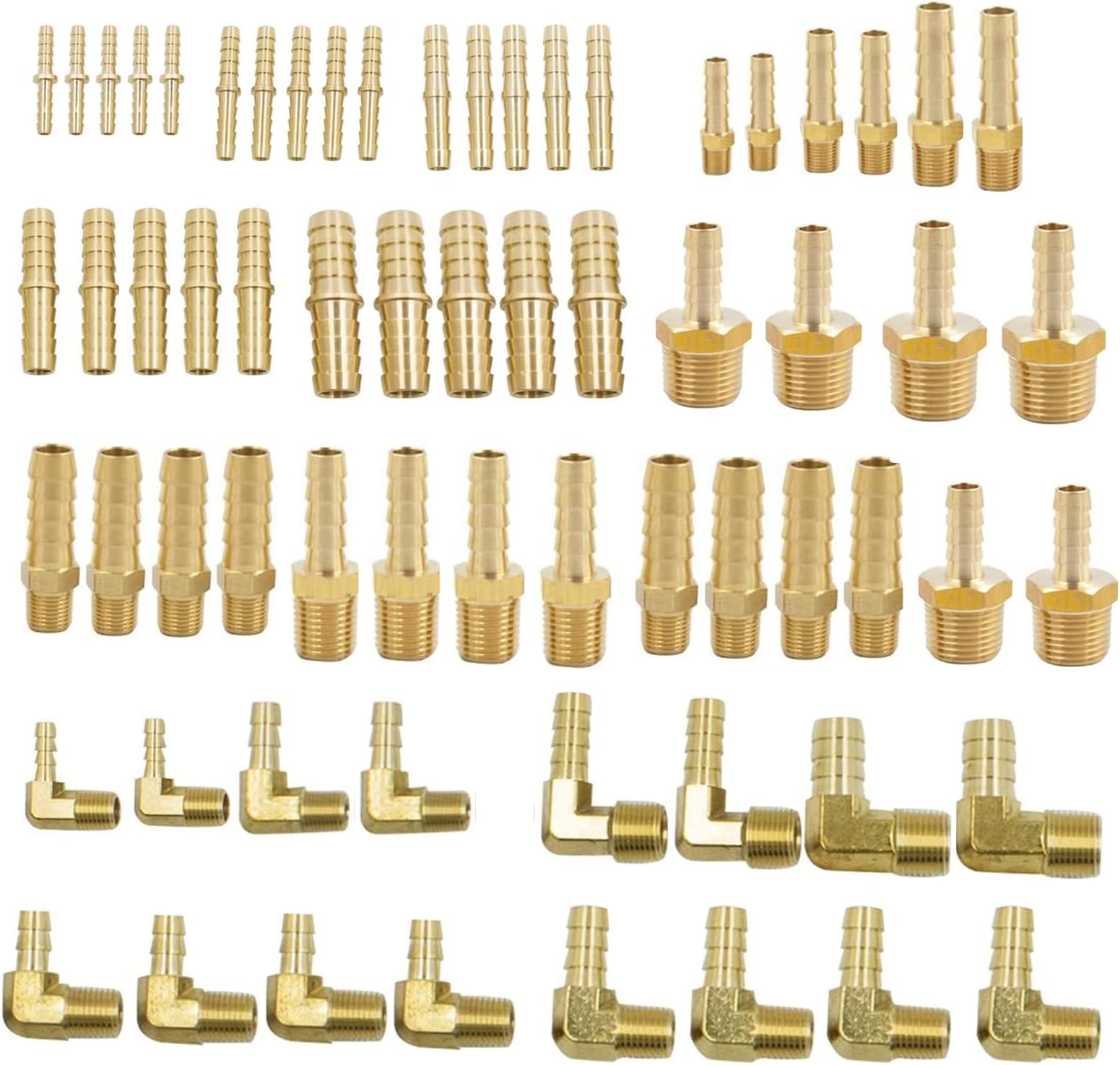 Legines Brass Hose Barb Fittings Assortment Kits, Splicer + Male Coupler + 90 degree Male Elbow, 65 Pcs