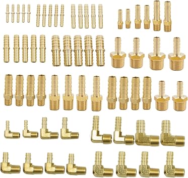 Brass Hose Barb Fittings Assortment Kits, Splicer + Male Coupler + 90 degree Male Elbow, 65 Pcs