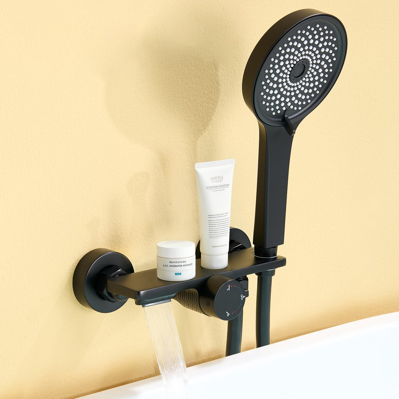 Auralum Rubinetto Vasca da Bagno con Doccetta 5 Geti, Miscelatore Vasca da Bagno a Cascata, Miscelatore Doccia Nero con Tubo Doccia PVC 1,5 m, Rubinetto Doccia con Supporto Soffione Doccia Regolabile