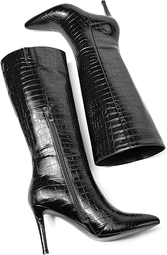 Miniatura 4 de Modatope Knee High Boots Women Tall Boots Pointed Toe Stiletto High Heel Side Zipper Long Boots for Women Faux Crocodile Boots, Not Wide Calf