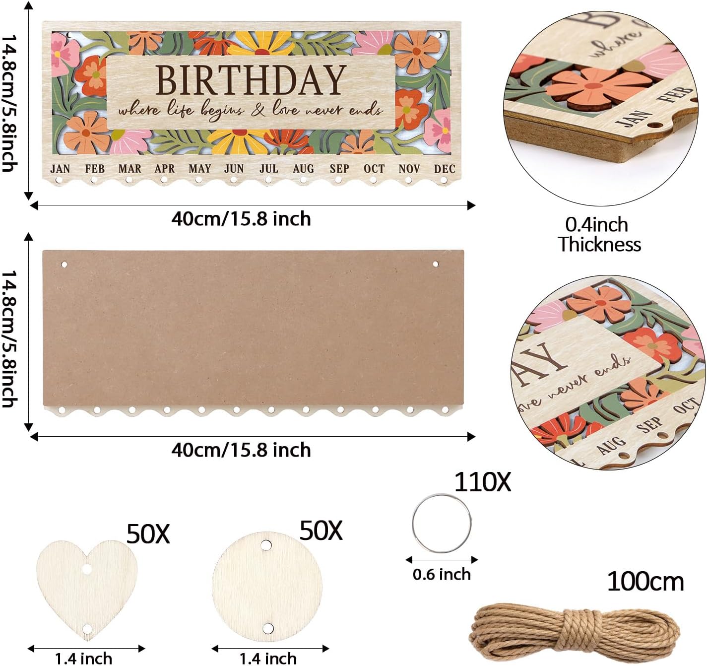 TOARTi 3D Wildflower Family Birthday Calendar Plaque(15.75''x6.3'') with 100 pcs Tags, DIY Wooden Birthday Celebration Wall Hanging, Family Celebration Calendar Reminder Tracker for Home Office