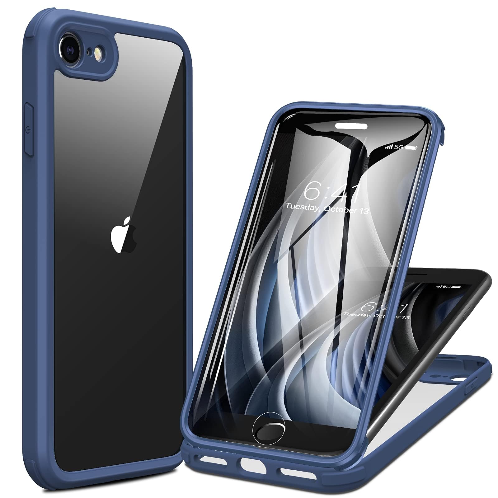 Miracase for iPhone SE Phone Case 3rd/2nd Generation 2022 2020 Full-Body with Built-in Glass Screen Protector, Heavy Duty 360° Protective Shockproof Bumper Cover for iPhone 8/SE, Blue