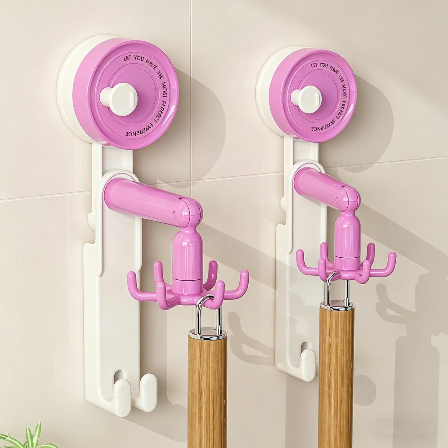 Rotating Suction Cup Hook, 6-Claw Kitchen Utensil Holder, Reusable Wall Mounted Organizer for Cooking Tools, Towels, No Drilling(Pink)