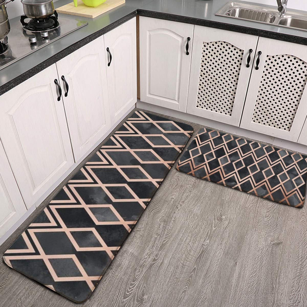 Kitchen Rug Set 2 Pieces,Copper & Black Geo Diamonds Washable Kitchen Mats Rugs Set Non-Slip Indoor Outdoor Doormat Runner Carpet Set