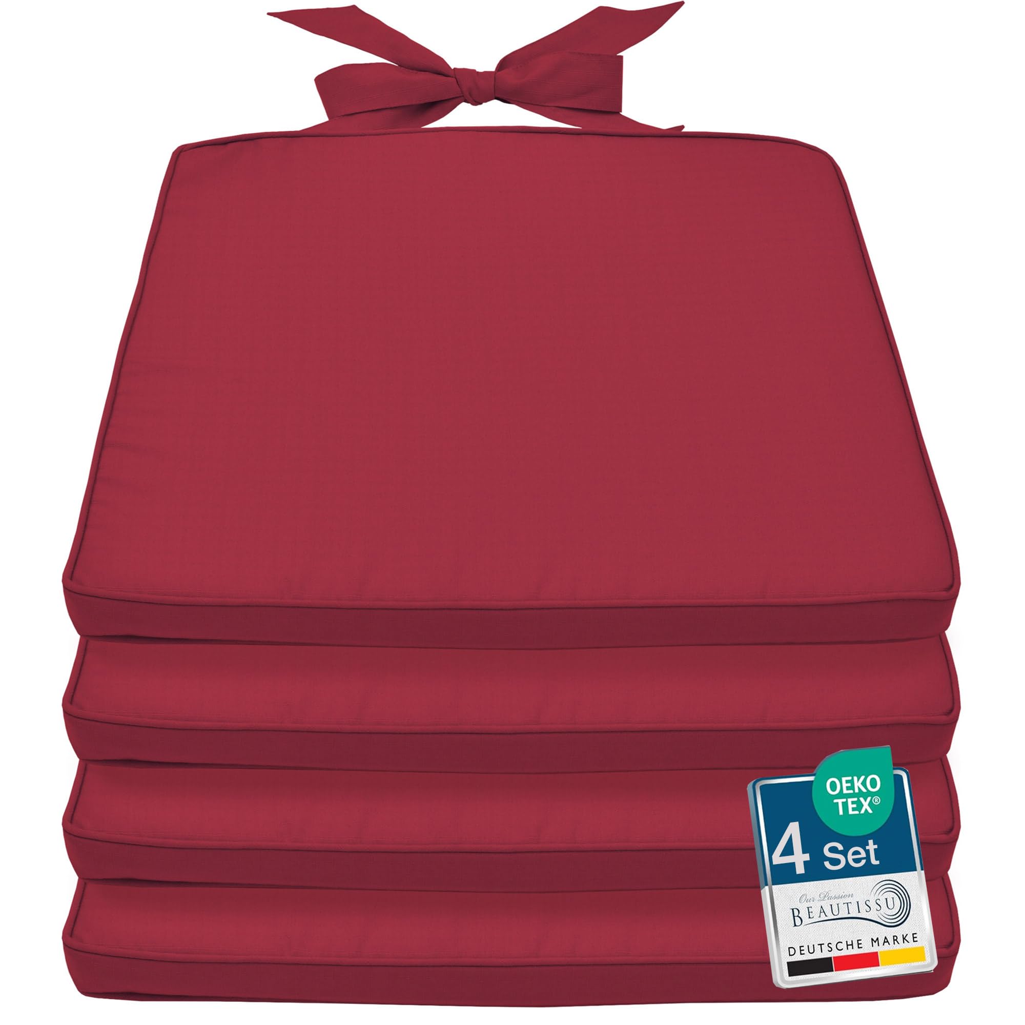 Beautissu 4er Set Stuhlkissen Outdoor Sitzkissen für Rattanstühle Garten | 40x45cm Rot trapezförmig Gartenstuhlkissen Sitzpolster Stuhlauflage gartenkissen Pia