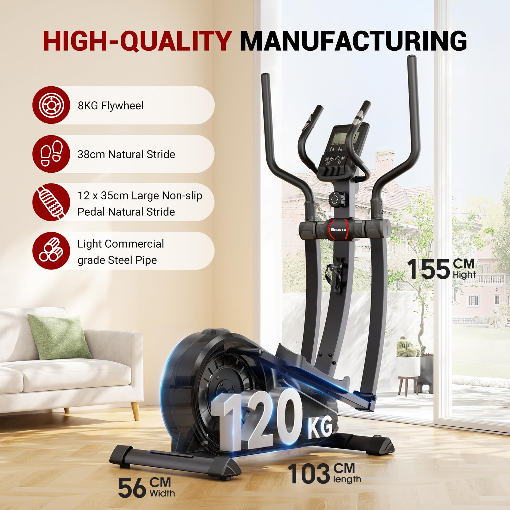 Vélo Elliptique THERUN – Silencieux <20 DB, 16 Résistances, 120 Kg Max, écran LCD, Cardio à Domicile